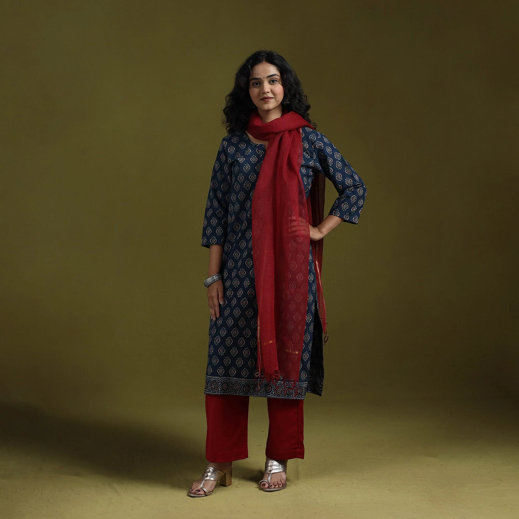 Blue - Natural Dyed Ajrakh Hand Block Print Cotton Suit Set with Dupatta for women 03 - Image 3
