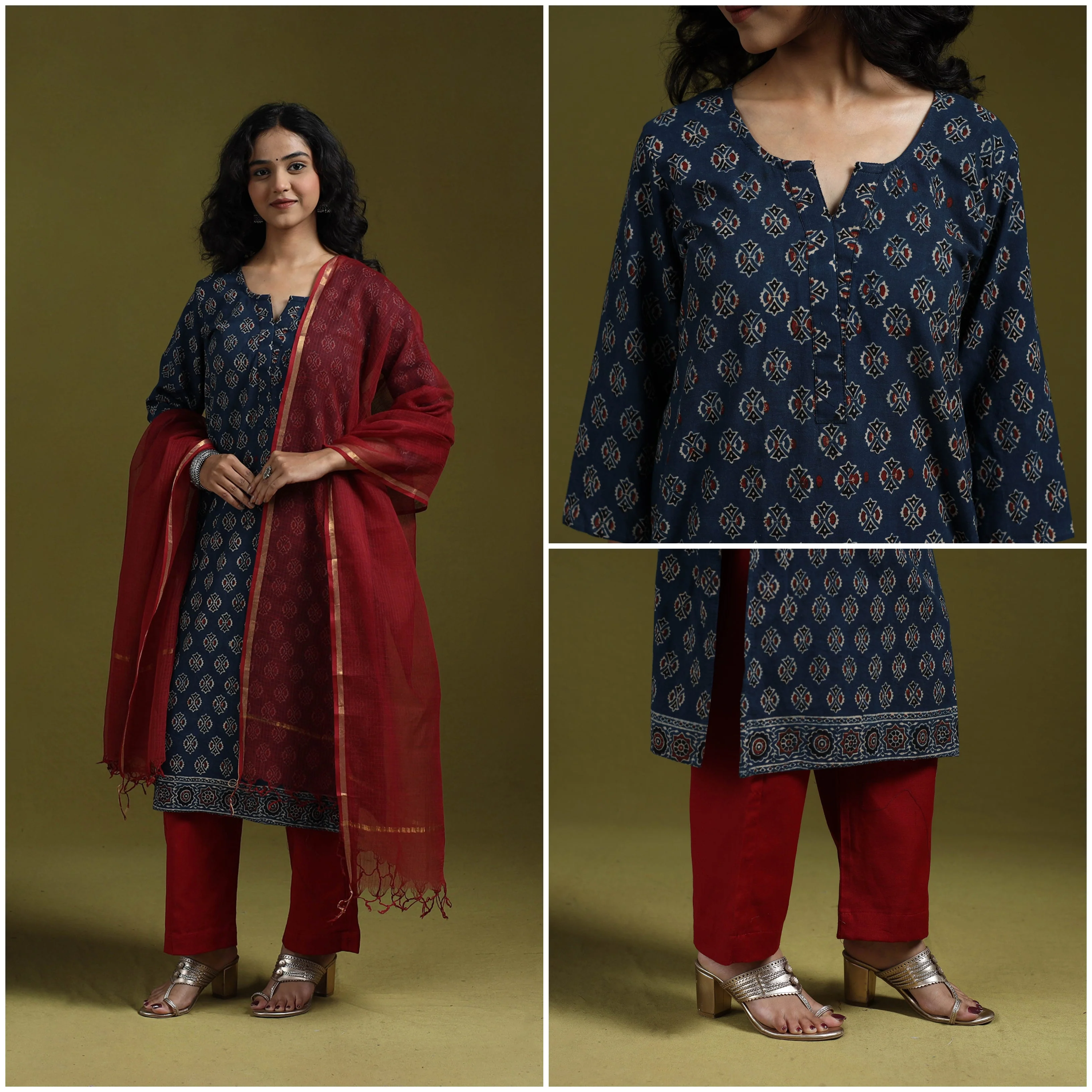 Blue - Natural Dyed Ajrakh Hand Block Print Cotton Suit Set with Dupatta for women 03 - Image 4