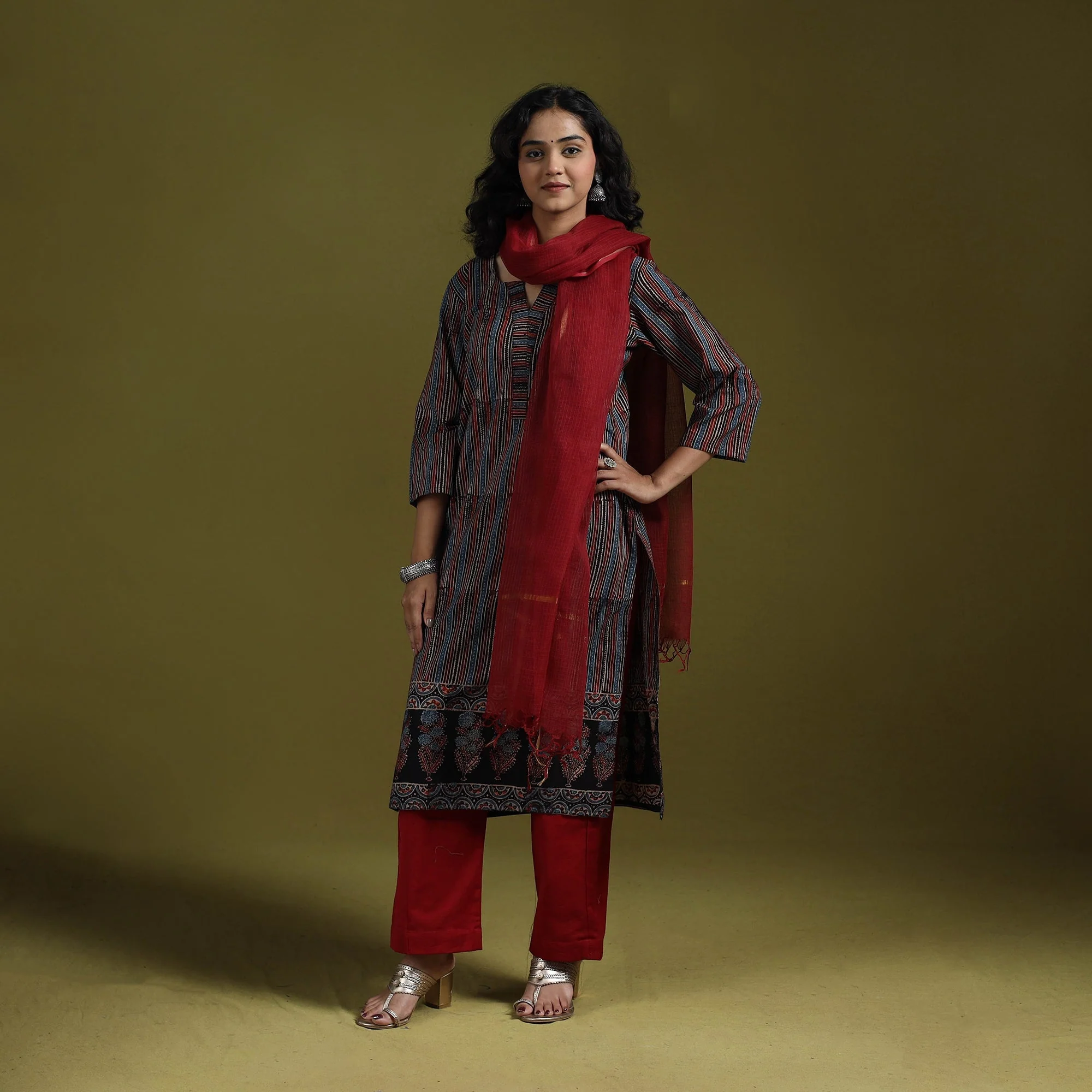 Multicolor - Natural Dyed Ajrakh Hand Block Print Cotton Suit Set with Dupatta for women 04 - Image 3