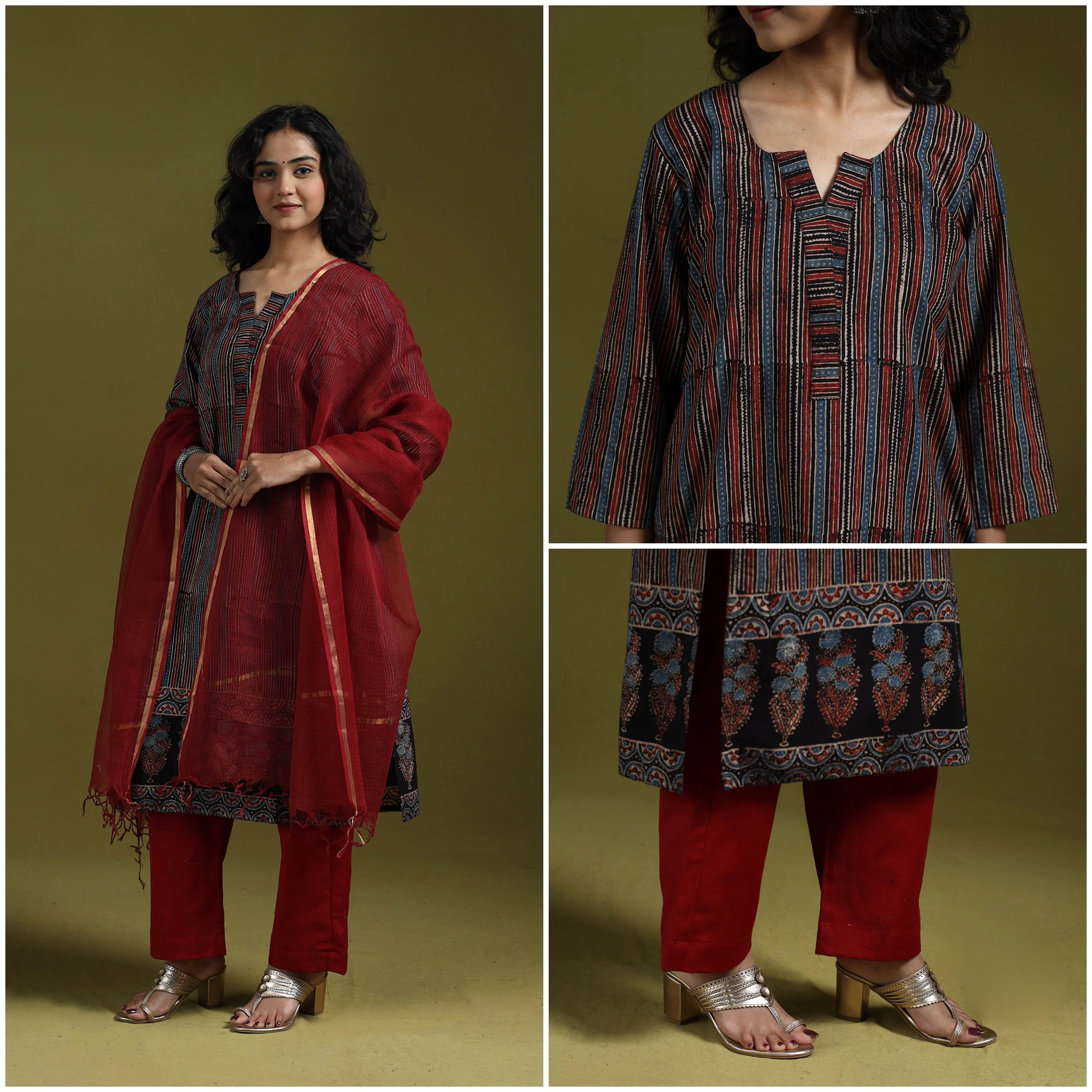 Multicolor - Natural Dyed Ajrakh Hand Block Print Cotton Suit Set with Dupatta for women 04 - Image 4