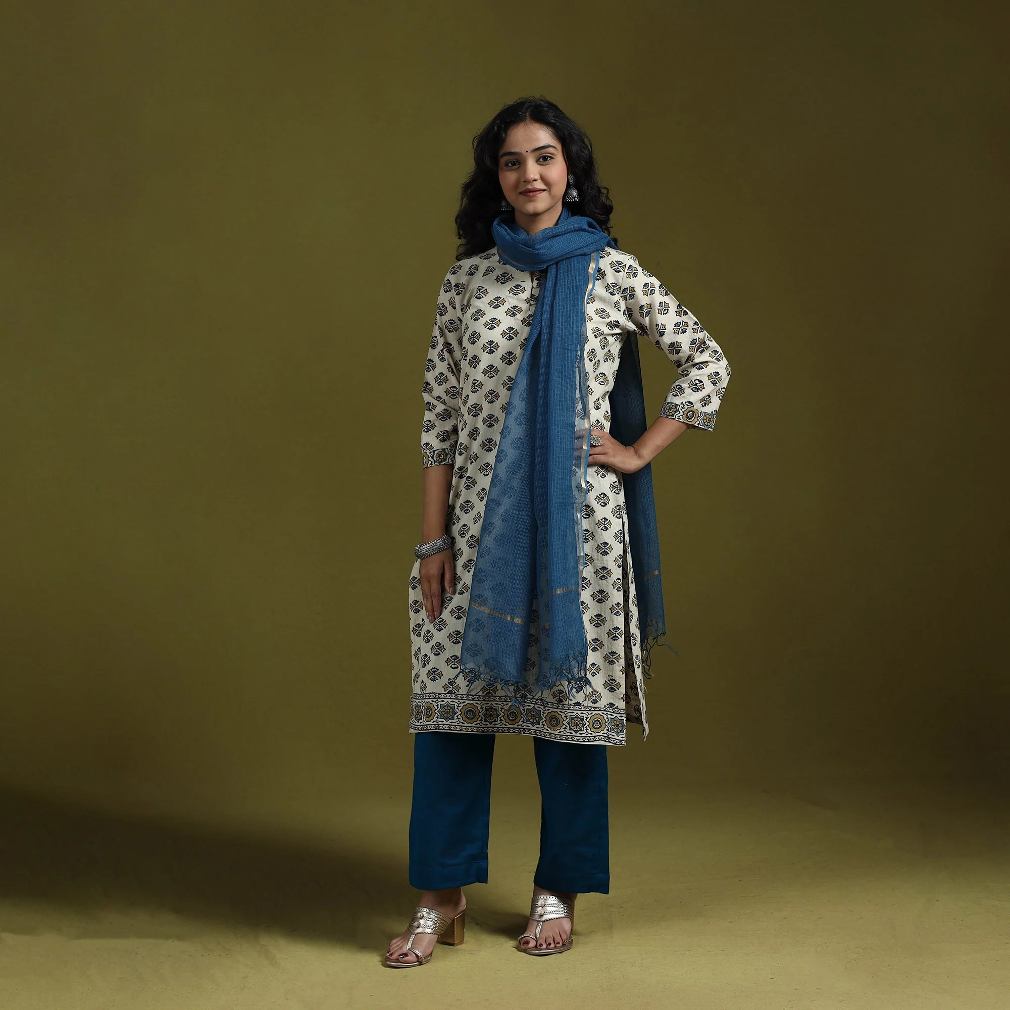 Beige - Natural Dyed Ajrakh Hand Block Print Cotton Suit Set with Dupatta for women 07 - Image 3