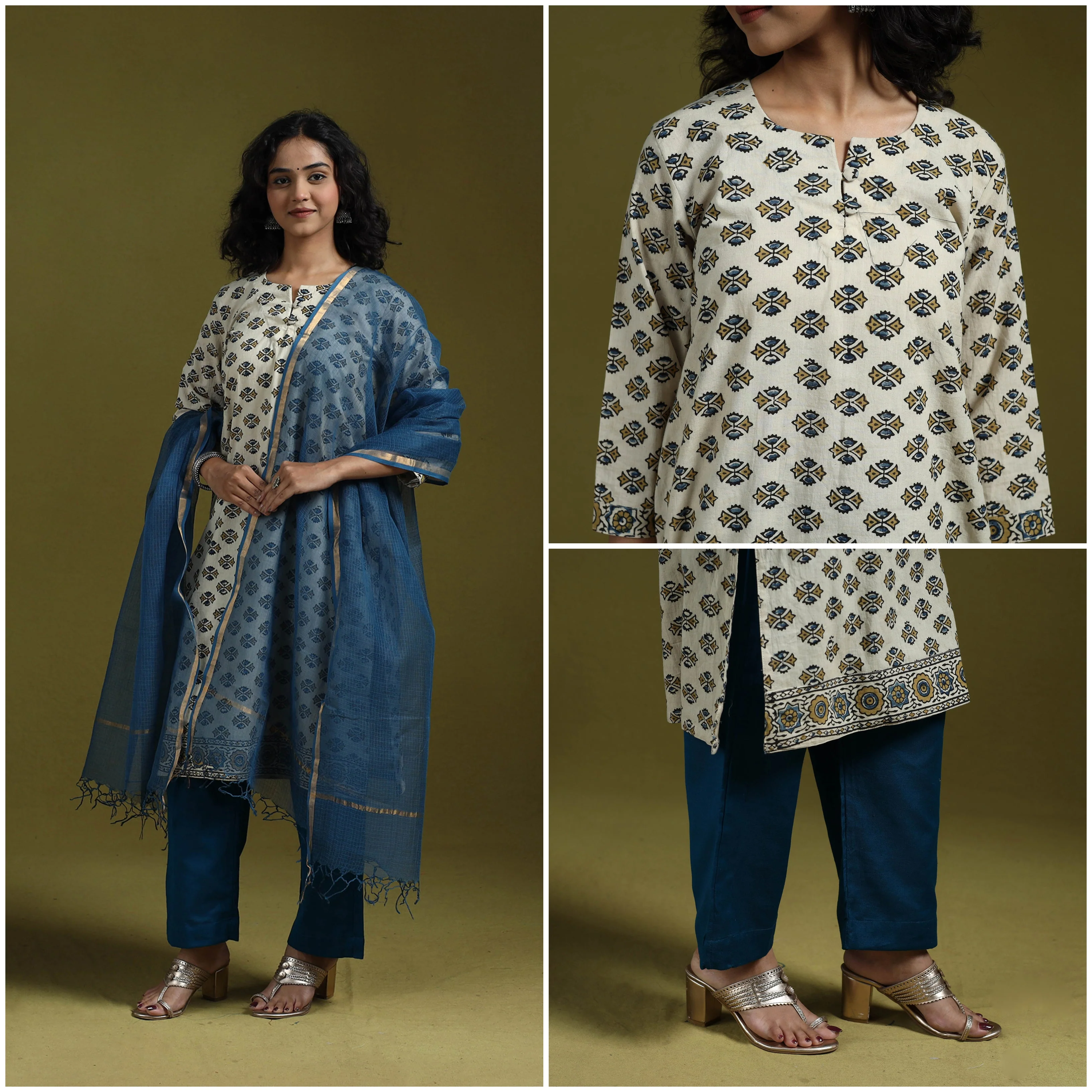 Beige - Natural Dyed Ajrakh Hand Block Print Cotton Suit Set with Dupatta for women 07 - Image 4