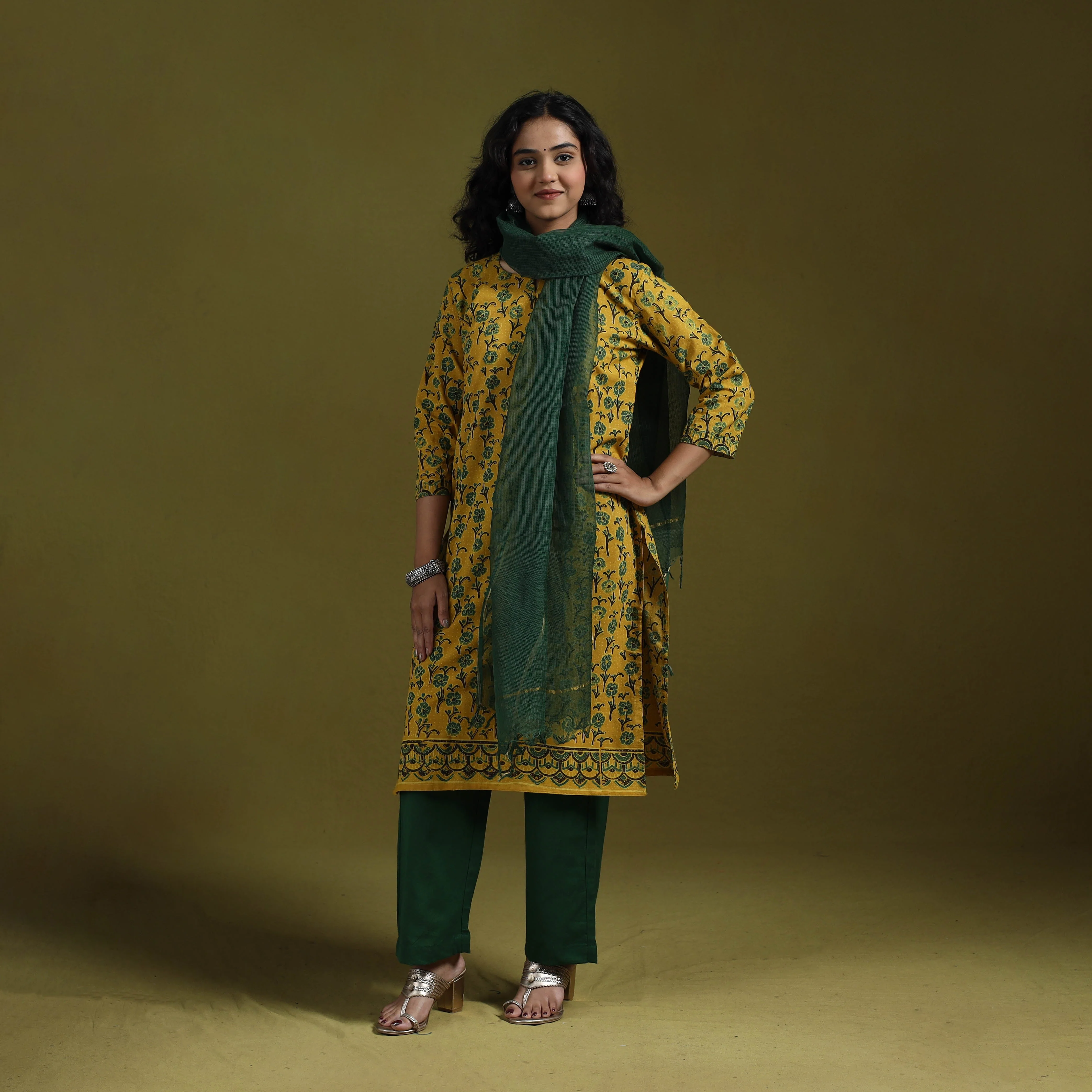 Yellow - Natural Dyed Ajrakh Hand Block Print Cotton Suit Set with Dupatta for women 10 - Image 3