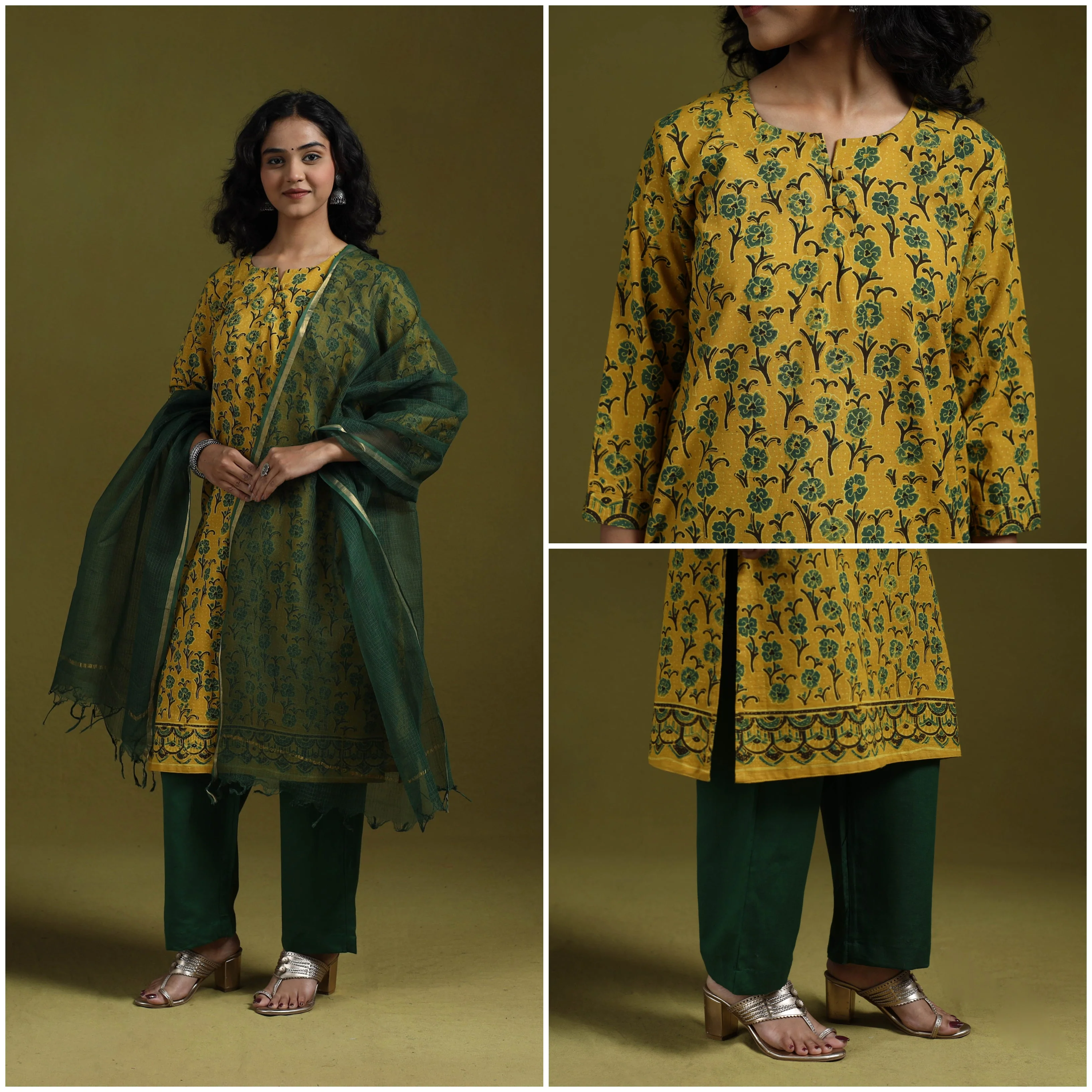 Yellow - Natural Dyed Ajrakh Hand Block Print Cotton Suit Set with Dupatta for women 10 - Image 4