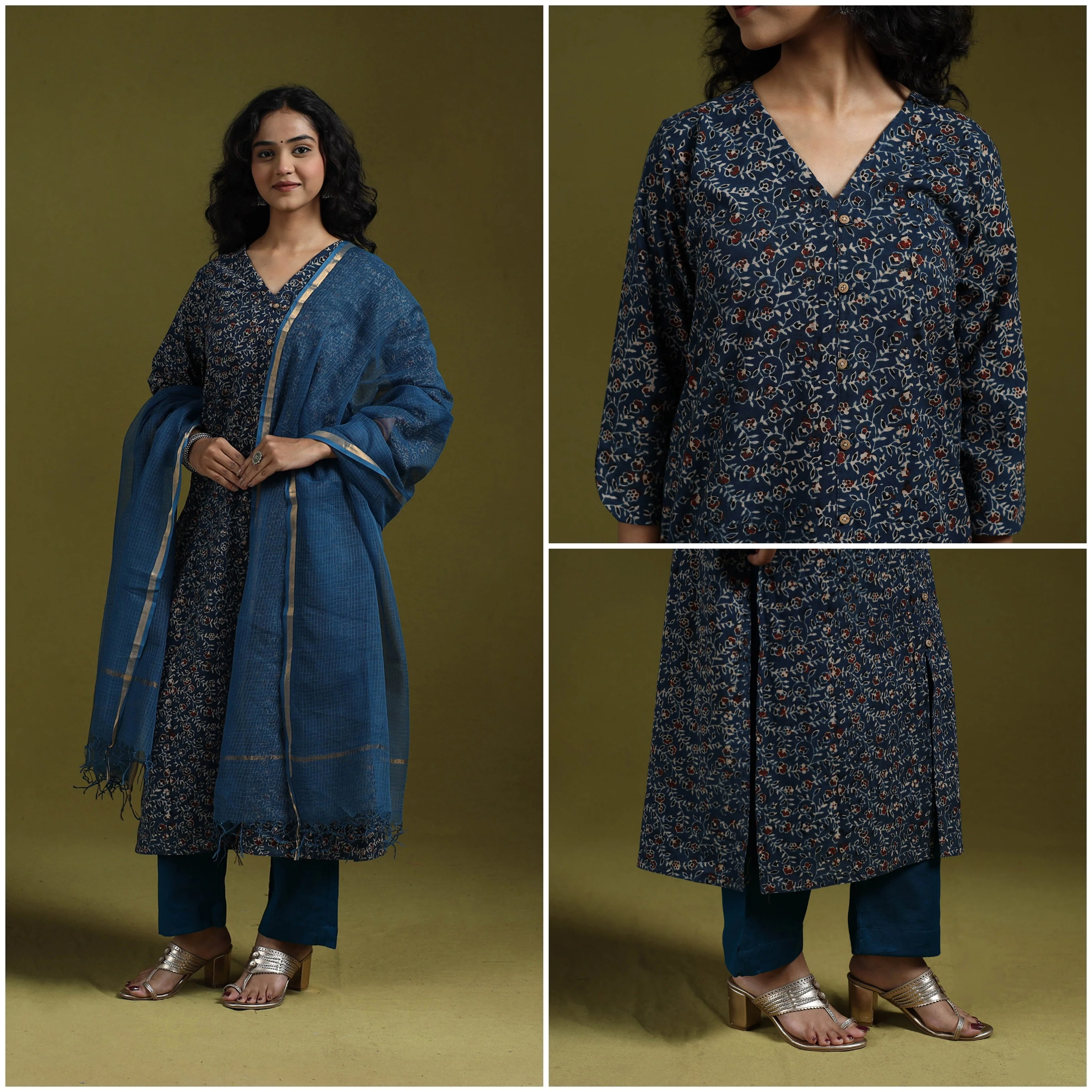 Blue - Natural Dyed Ajrakh Hand Block Print Cotton Suit Set with Dupatta for women 11 - Image 4