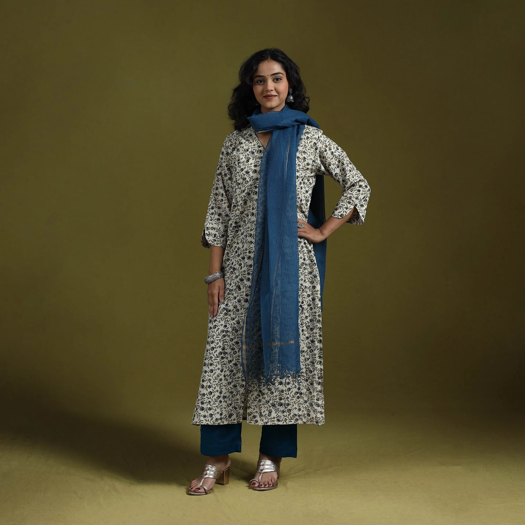 Beige - Natural Dyed Ajrakh Hand Block Print Cotton Suit Set with Dupatta for women 13 - Image 3