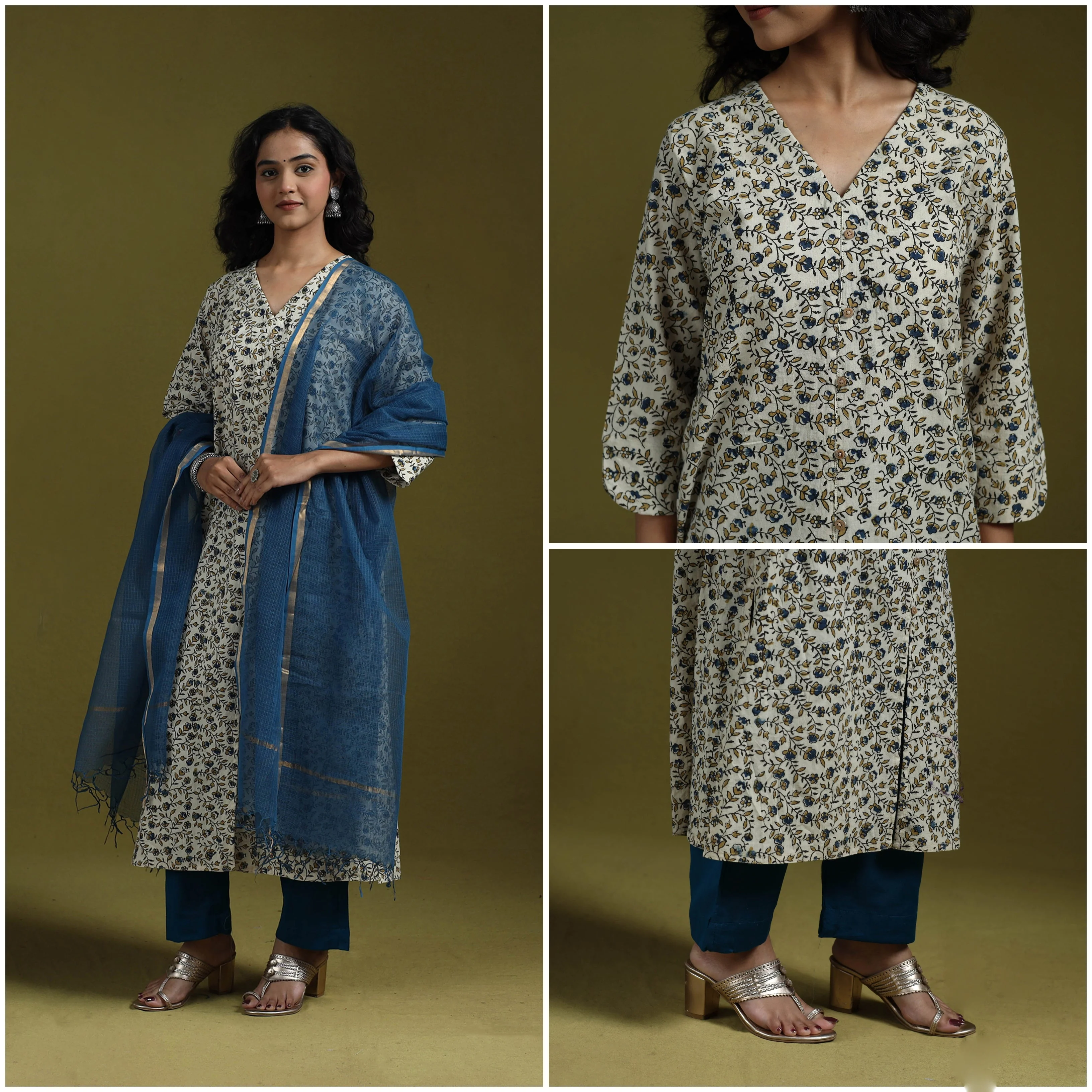 Beige - Natural Dyed Ajrakh Hand Block Print Cotton Suit Set with Dupatta for women 13 - Image 4