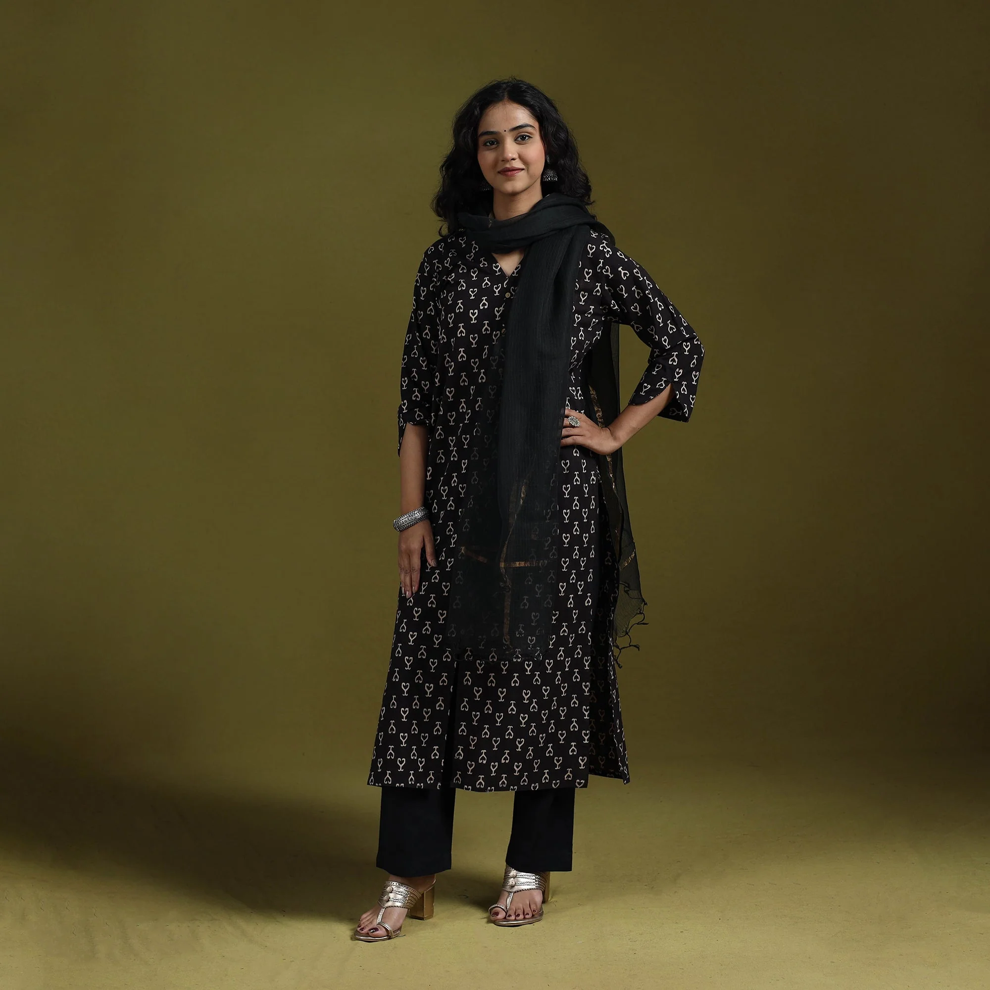 Black - Natural Dyed Ajrakh Hand Block Print Cotton Suit Set with Dupatta for women 15 - Image 3