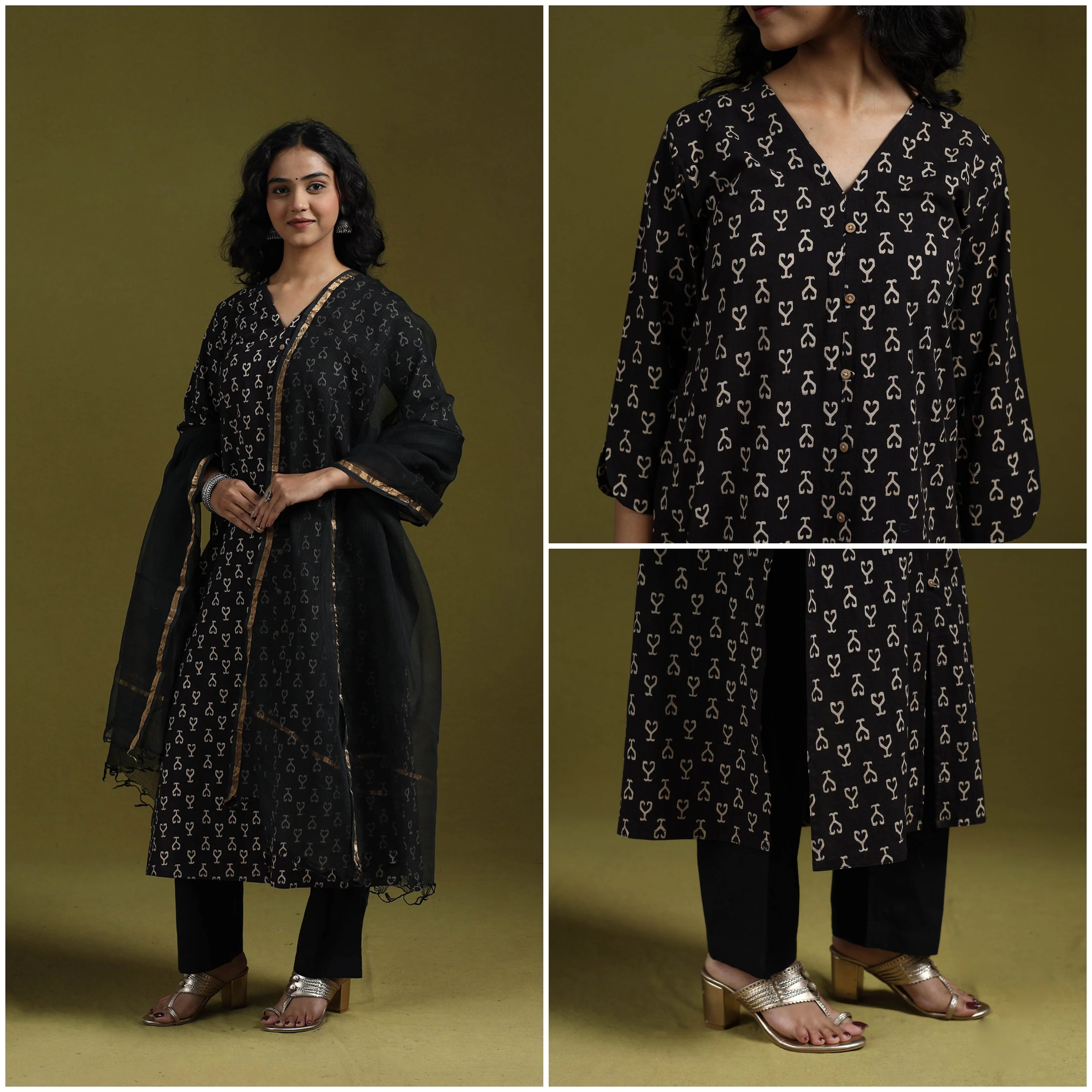 Black - Natural Dyed Ajrakh Hand Block Print Cotton Suit Set with Dupatta for women 15 - Image 4
