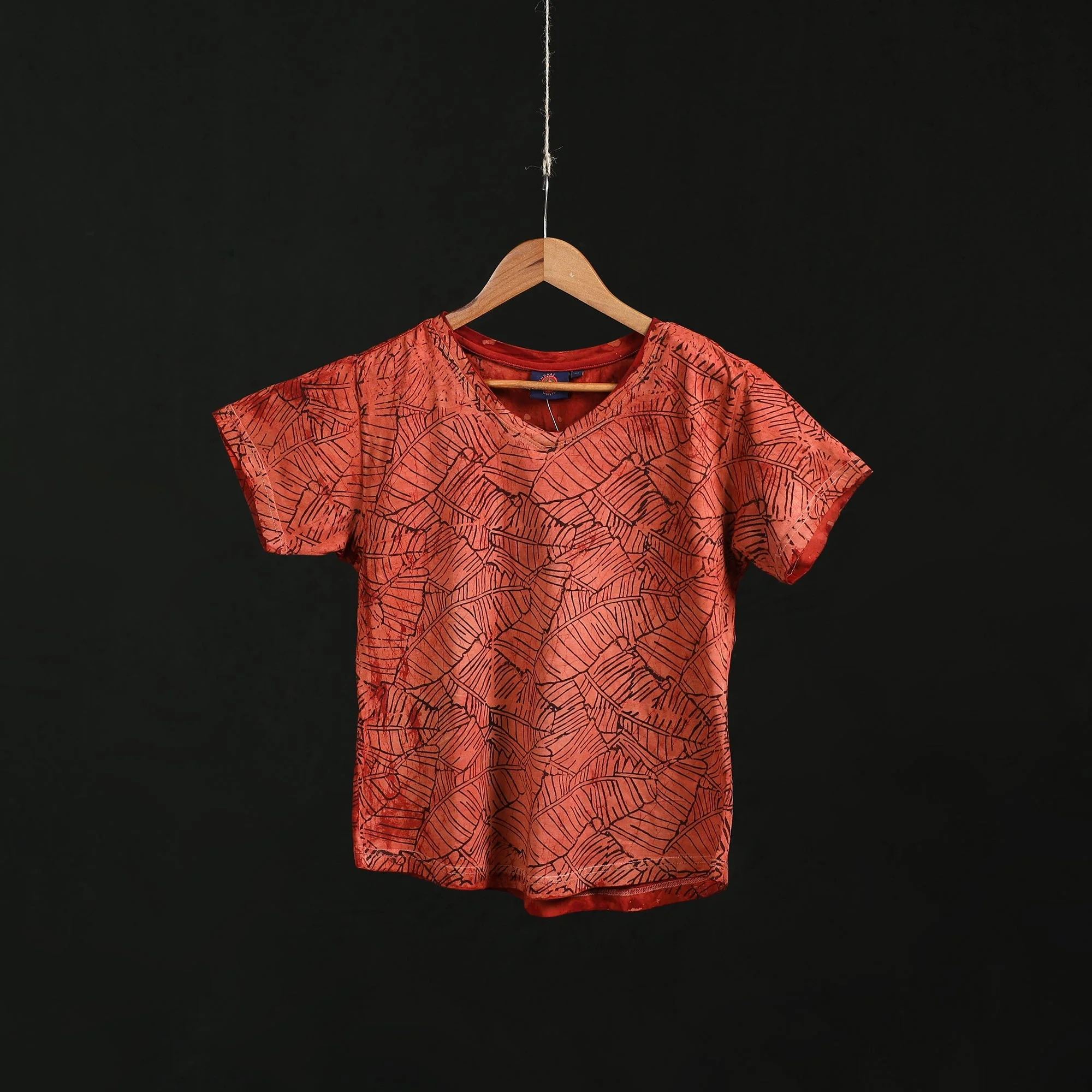 Red - Natural Dyed Bindaas Hand Block Art Printed Cotton V Neck T-shirt for Women 06