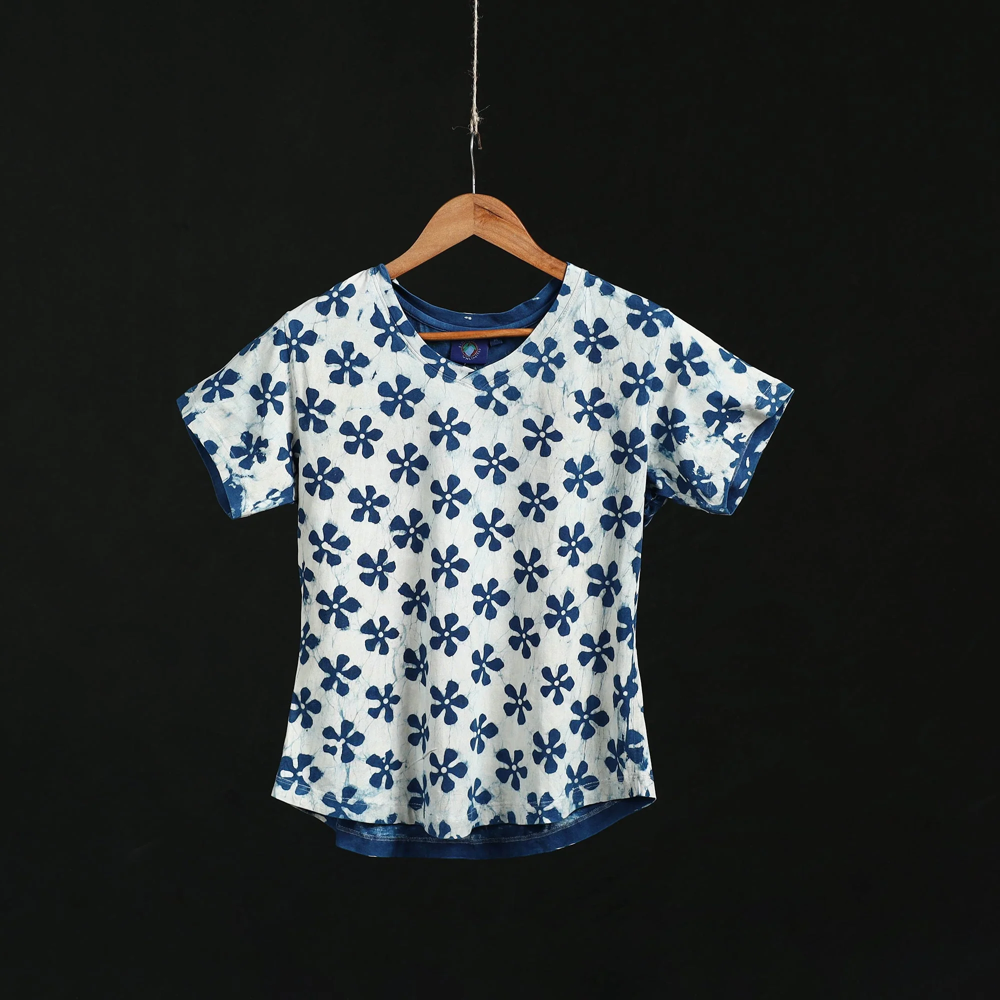 Blue - Natural Dyed Bindaas Hand Block Art Printed Cotton V Neck T-shirt for Women 10