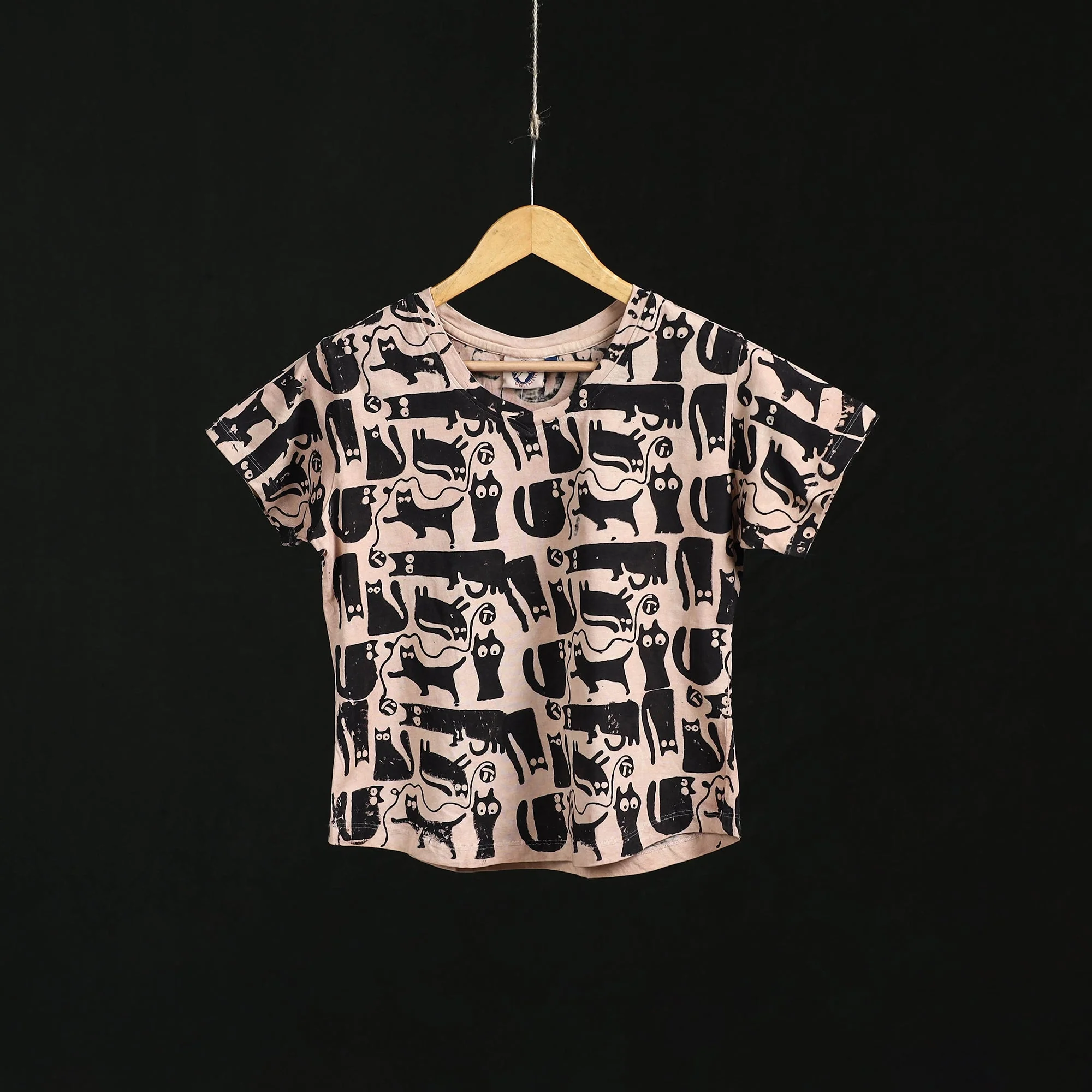 Beige - Natural Dyed Bindaas Hand Block Art Printed Cotton V Neck T-shirt for Women 11
