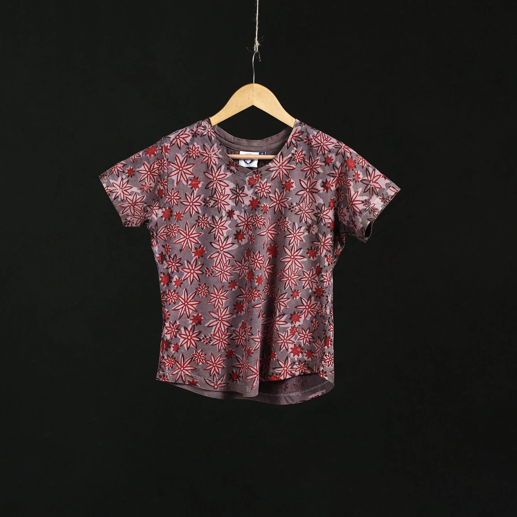 Brown - Natural Dyed Bindaas Hand Block Art Printed Cotton V Neck T-shirt for Women 13