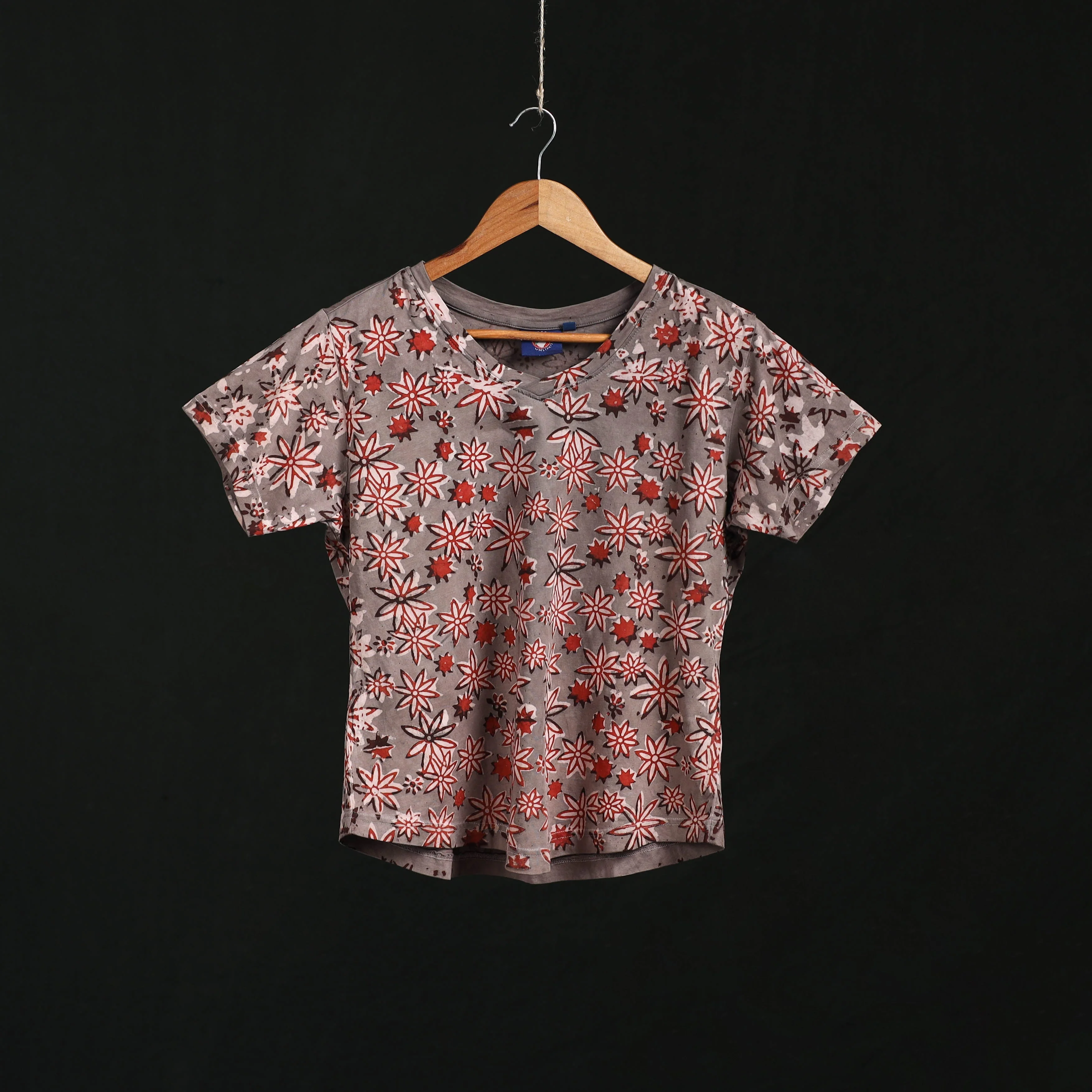 Brown - Natural Dyed Bindaas Hand Block Art Printed Cotton V Neck T-shirt for Women 14