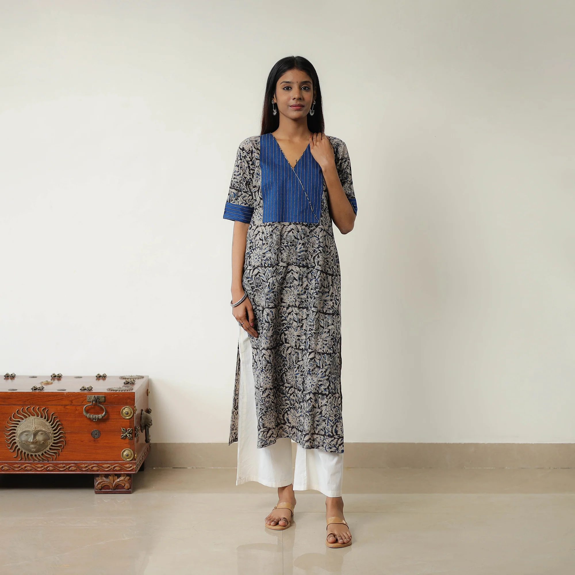 Grey - Natural Dyed Block Print Cotton Kalamkari Kurta 02 - Image 5