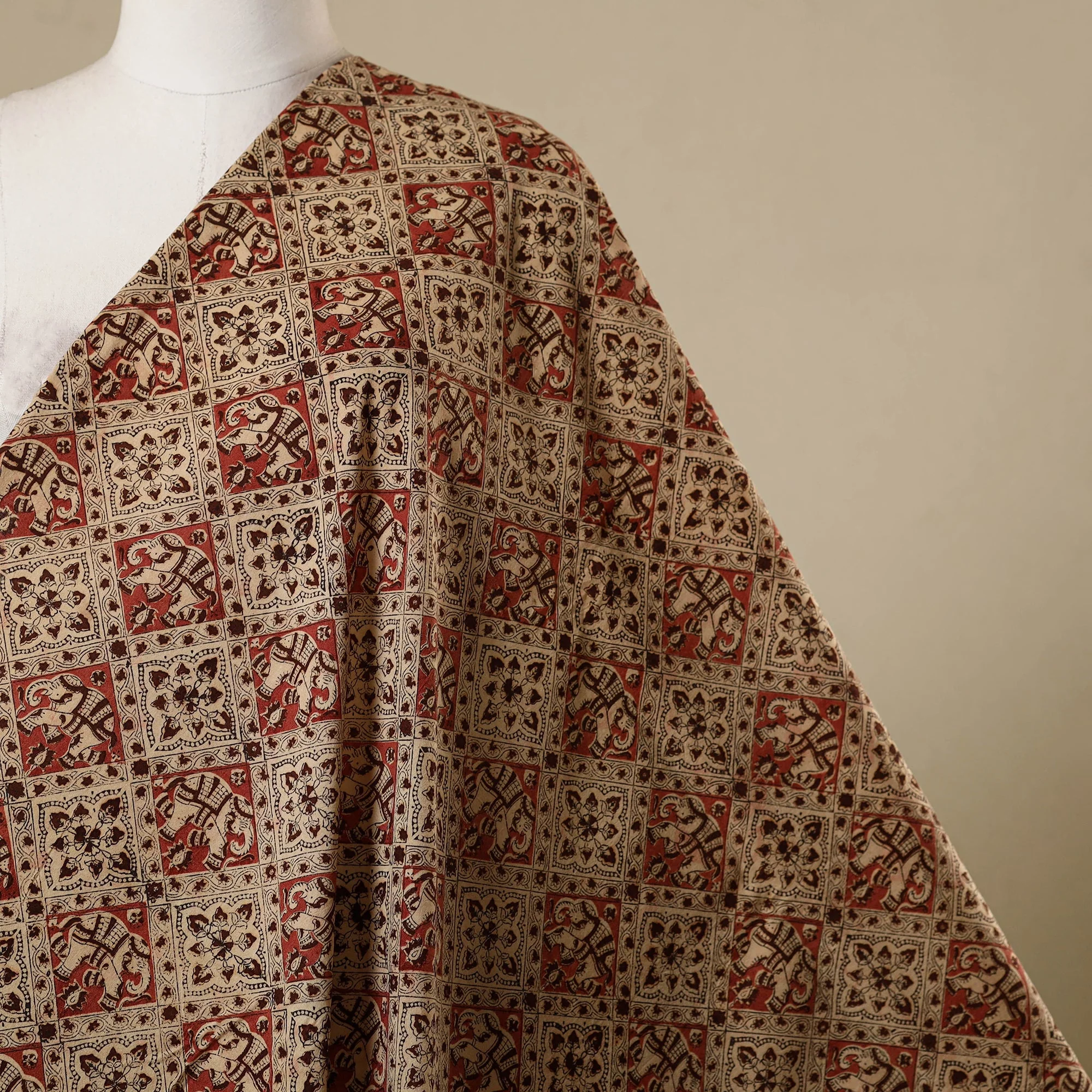 Beige - Natural Dyed Block Print Cotton Pedana Kalamkari Fabric 19 - Image 2