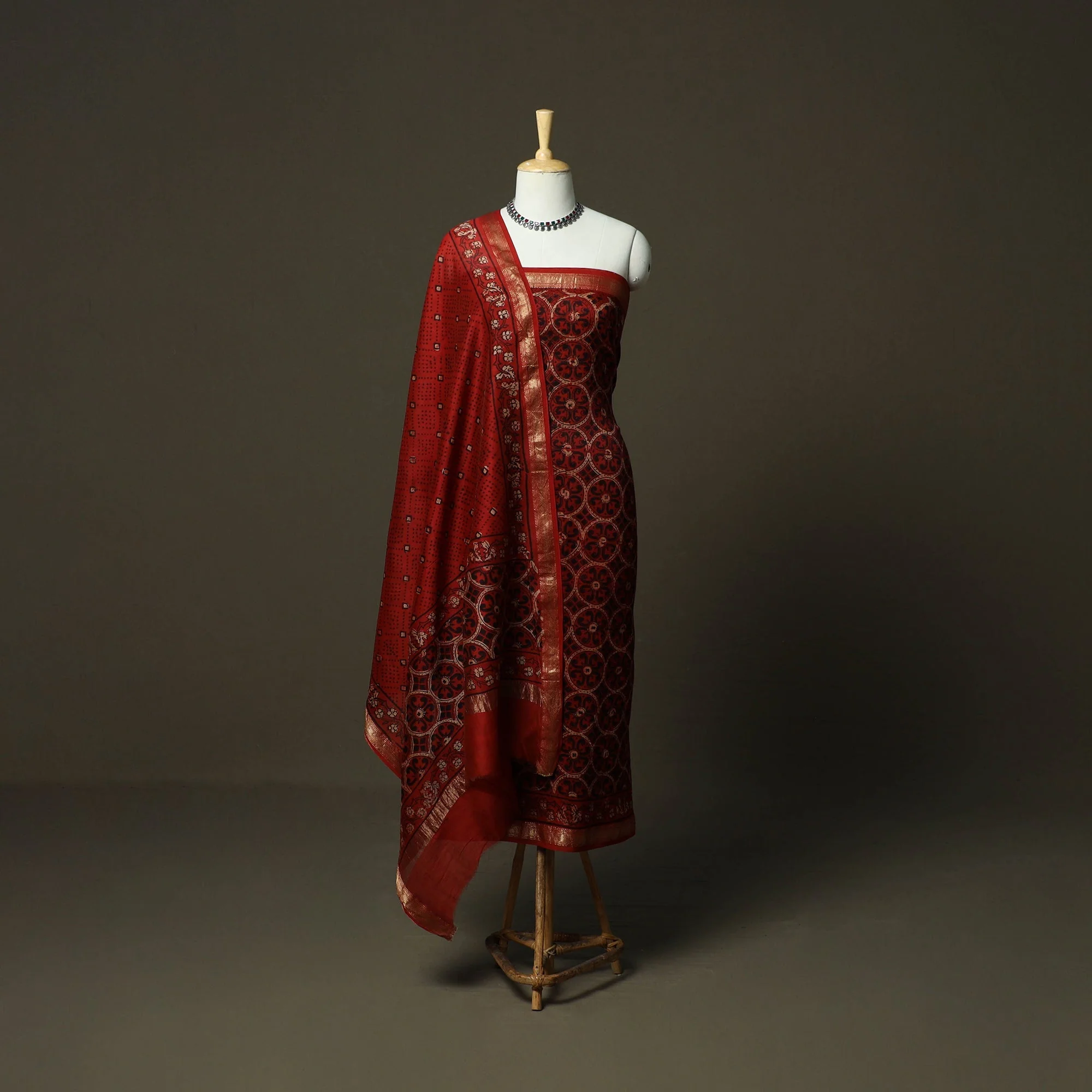 Red - Natural Dyed Block Print Maheshwari Silk Bagru Ajrakh 3pc Unstitched Dress Material 14