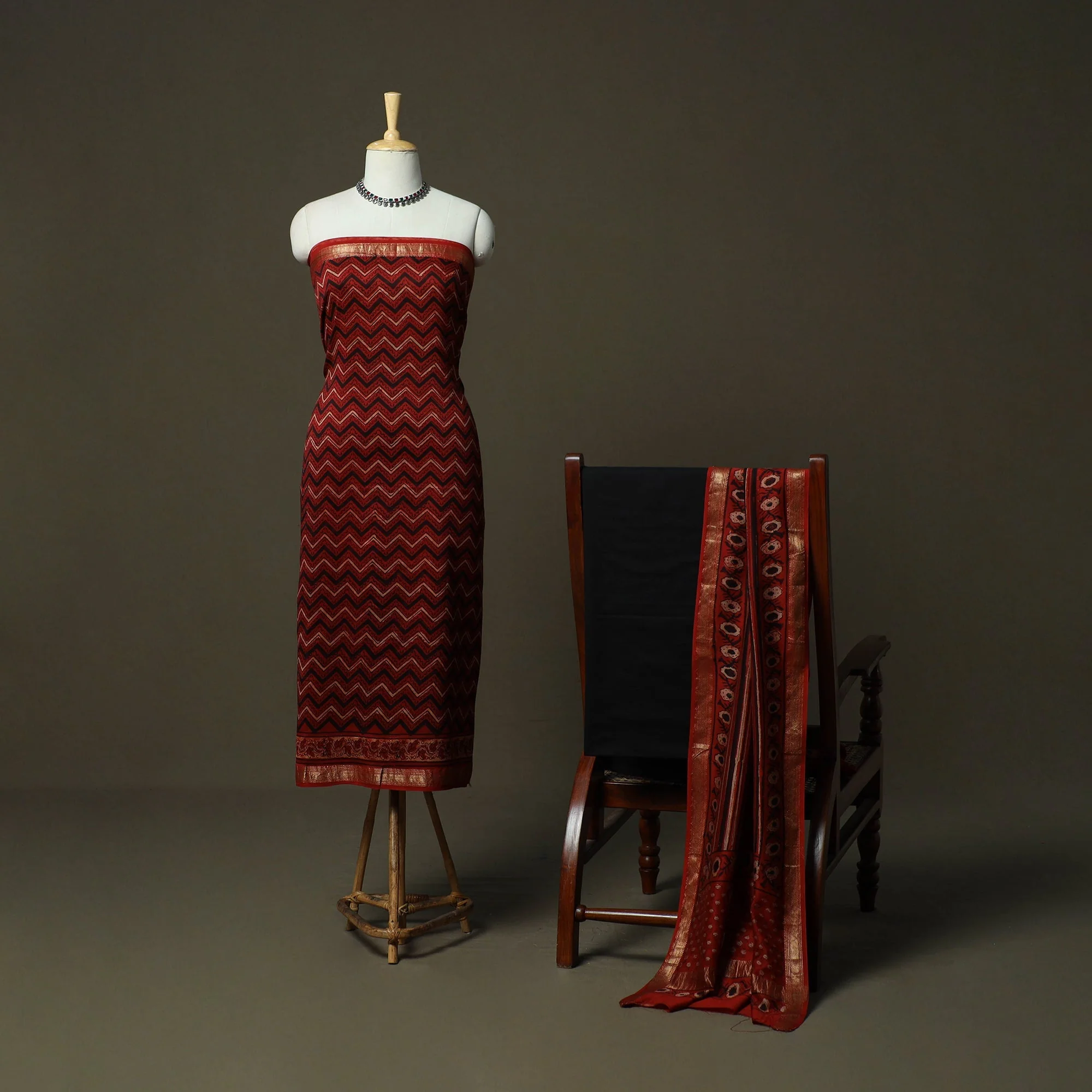 Red - Natural Dyed Block Print Maheshwari Silk Bagru Ajrakh 3pc Unstitched Dress Material 17 - Image 2