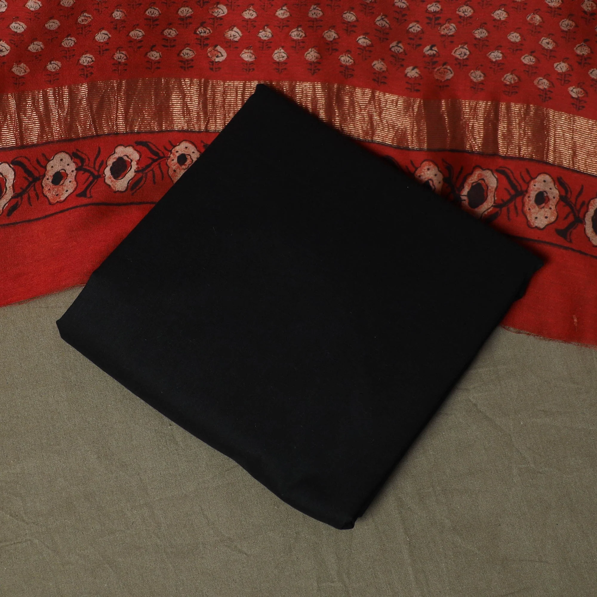 Red - Natural Dyed Block Print Maheshwari Silk Bagru Ajrakh 3pc Unstitched Dress Material 17 - Image 5
