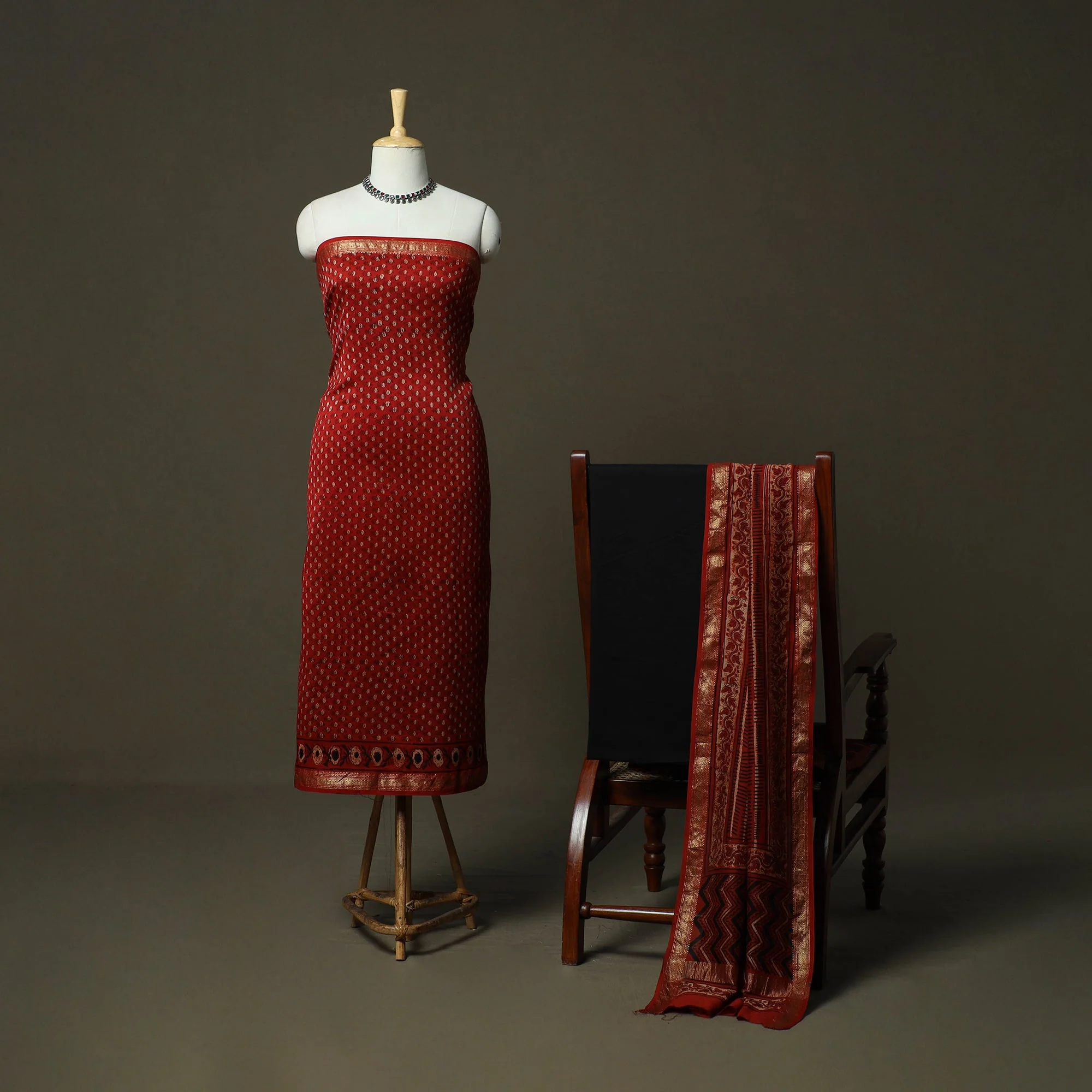 Red - Natural Dyed Block Print Maheshwari Silk Bagru Ajrakh 3pc Unstitched Dress Material 18 - Image 2