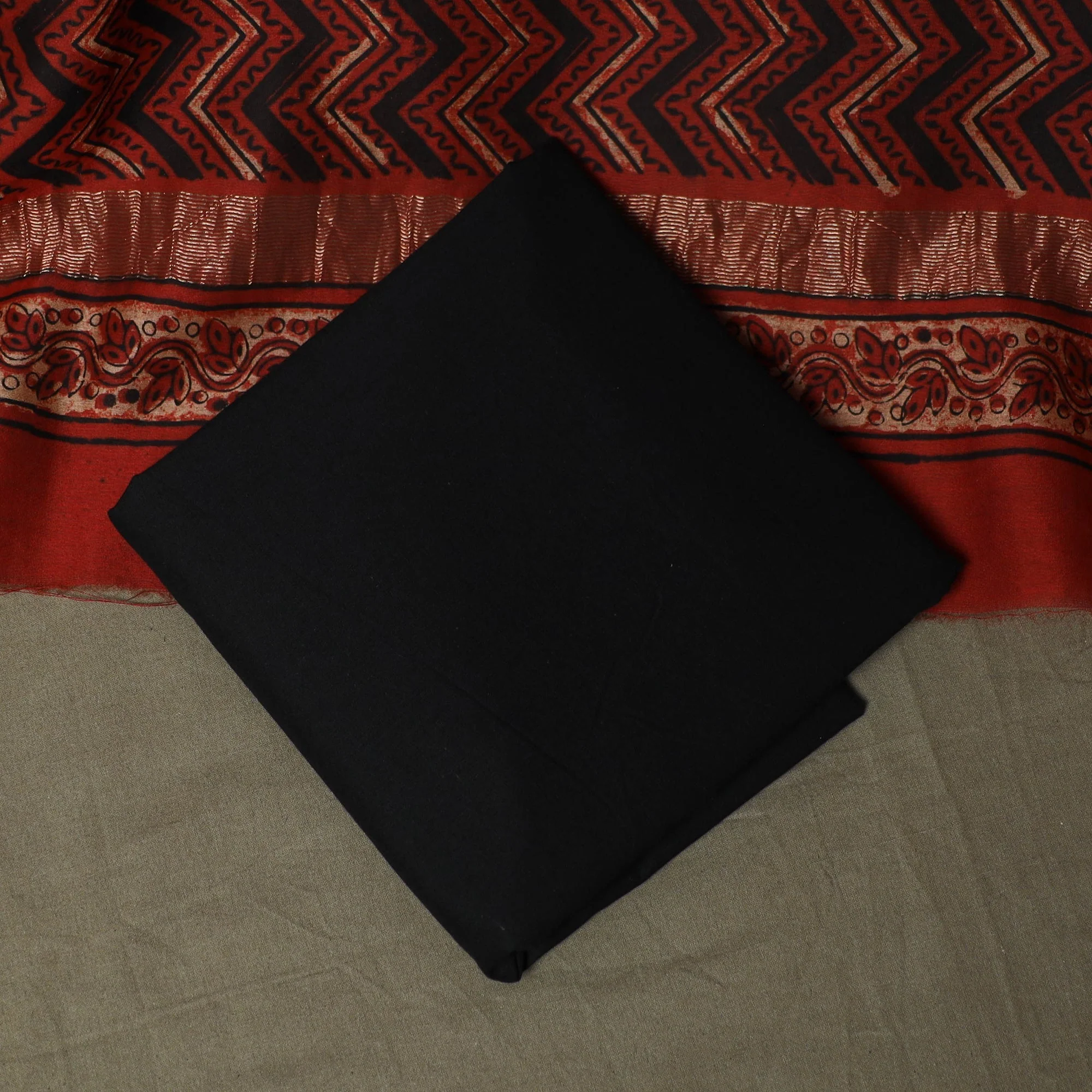 Red - Natural Dyed Block Print Maheshwari Silk Bagru Ajrakh 3pc Unstitched Dress Material 18 - Image 5
