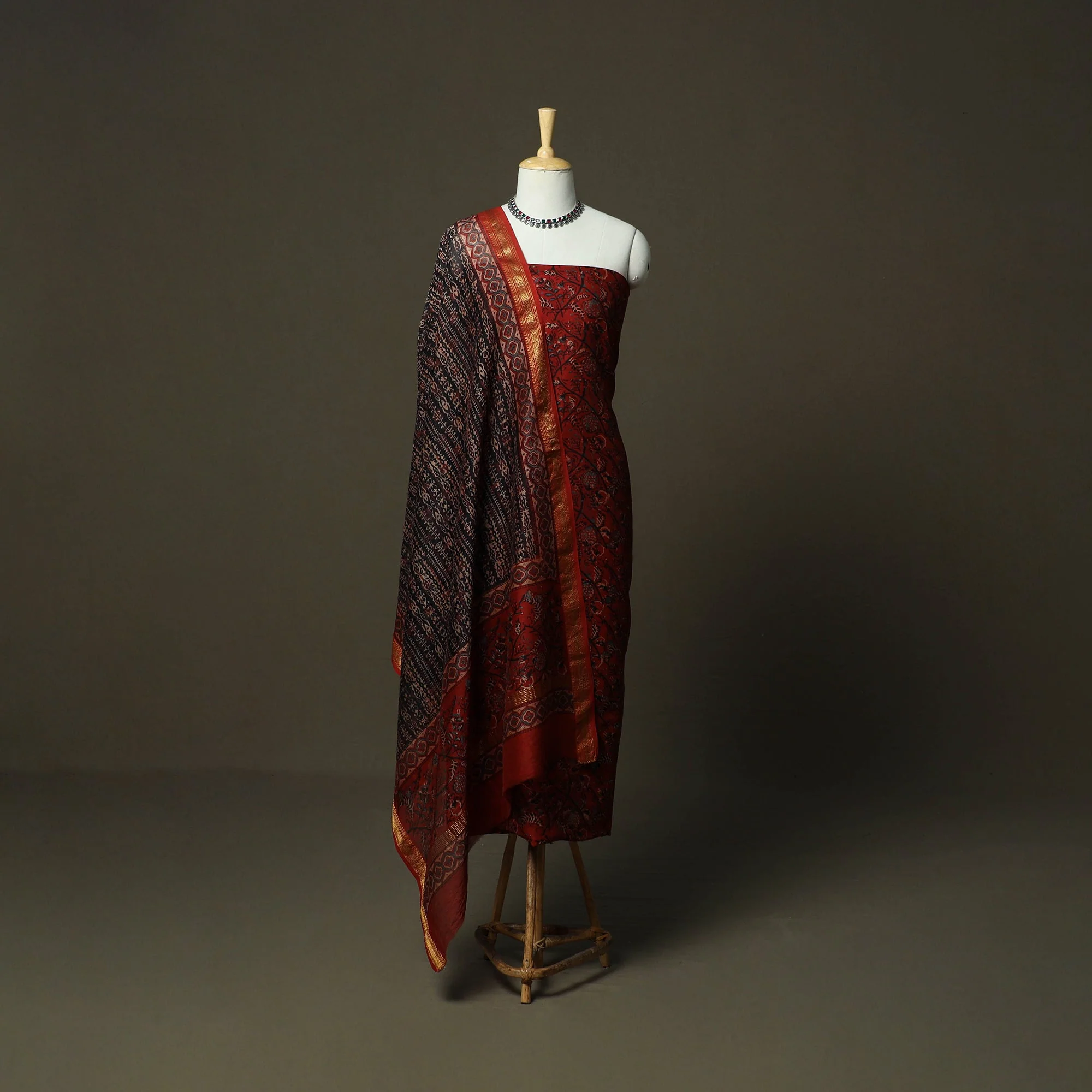 Red - Natural Dyed Block Print Maheshwari Silk Bagru Ajrakh 3pc Unstitched Dress Material 19