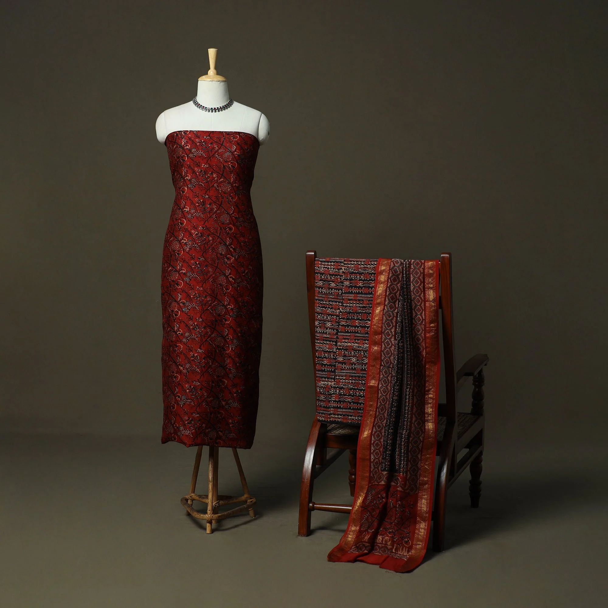 Red - Natural Dyed Block Print Maheshwari Silk Bagru Ajrakh 3pc Unstitched Dress Material 19 - Image 2