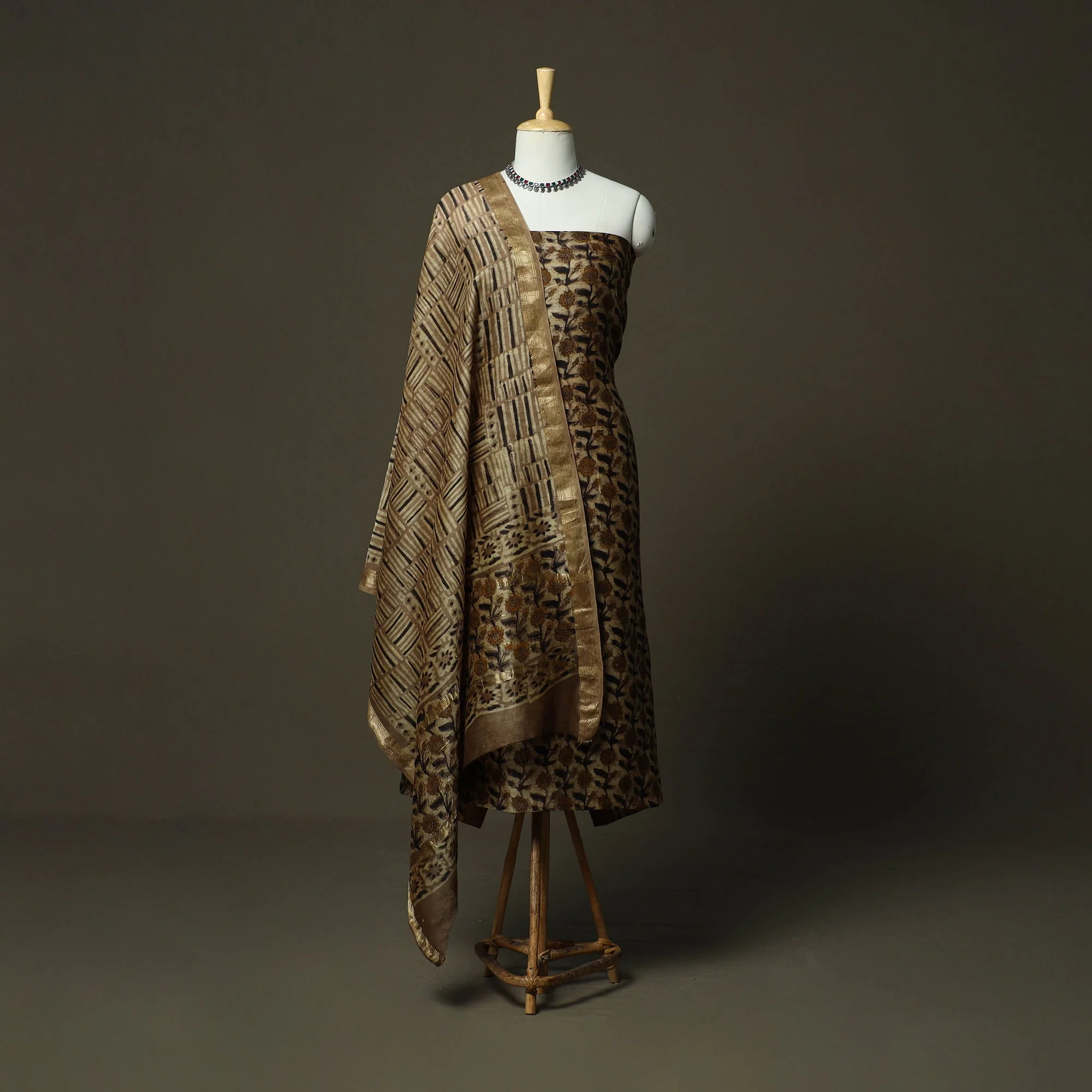 Brown - Natural Dyed Block Print Maheshwari Silk Jahota 3pc Unstitched Dress Material 22