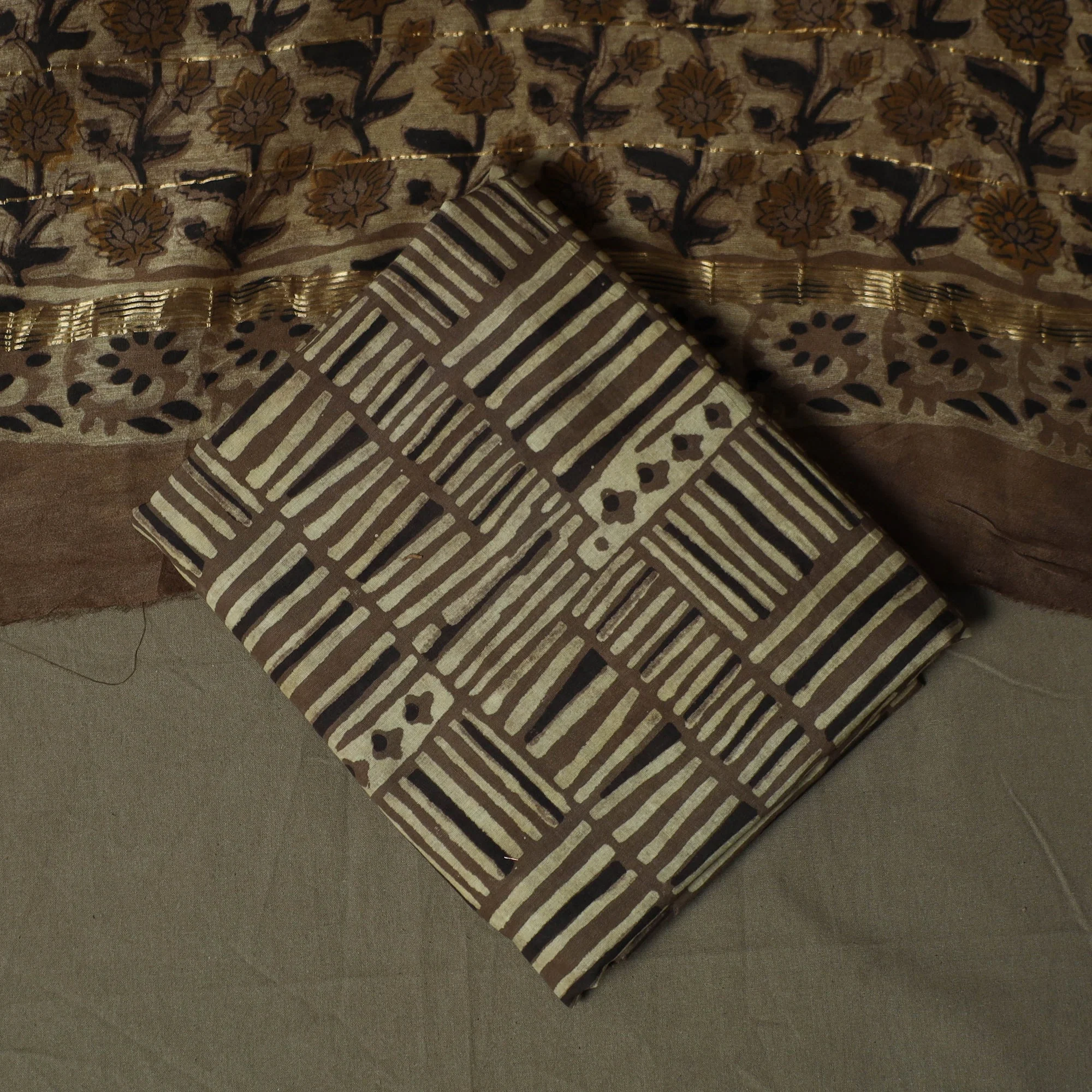 Brown - Natural Dyed Block Print Maheshwari Silk Jahota 3pc Unstitched Dress Material 22 - Image 4