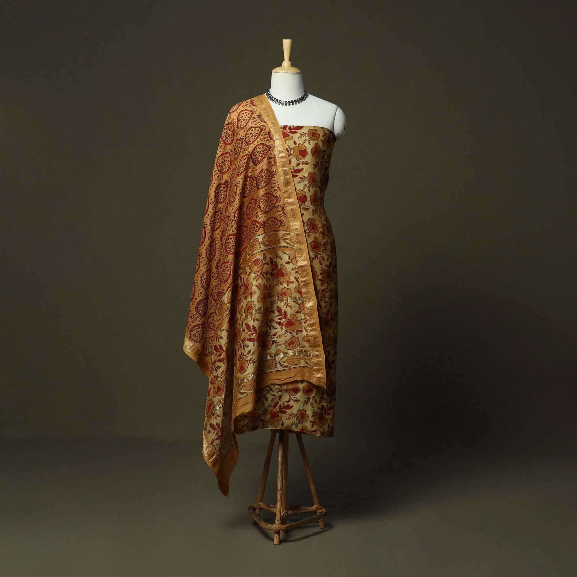 Yellow - Natural Dyed Block Print Maheshwari Silk Jahota 3pc Unstitched Dress Material 26