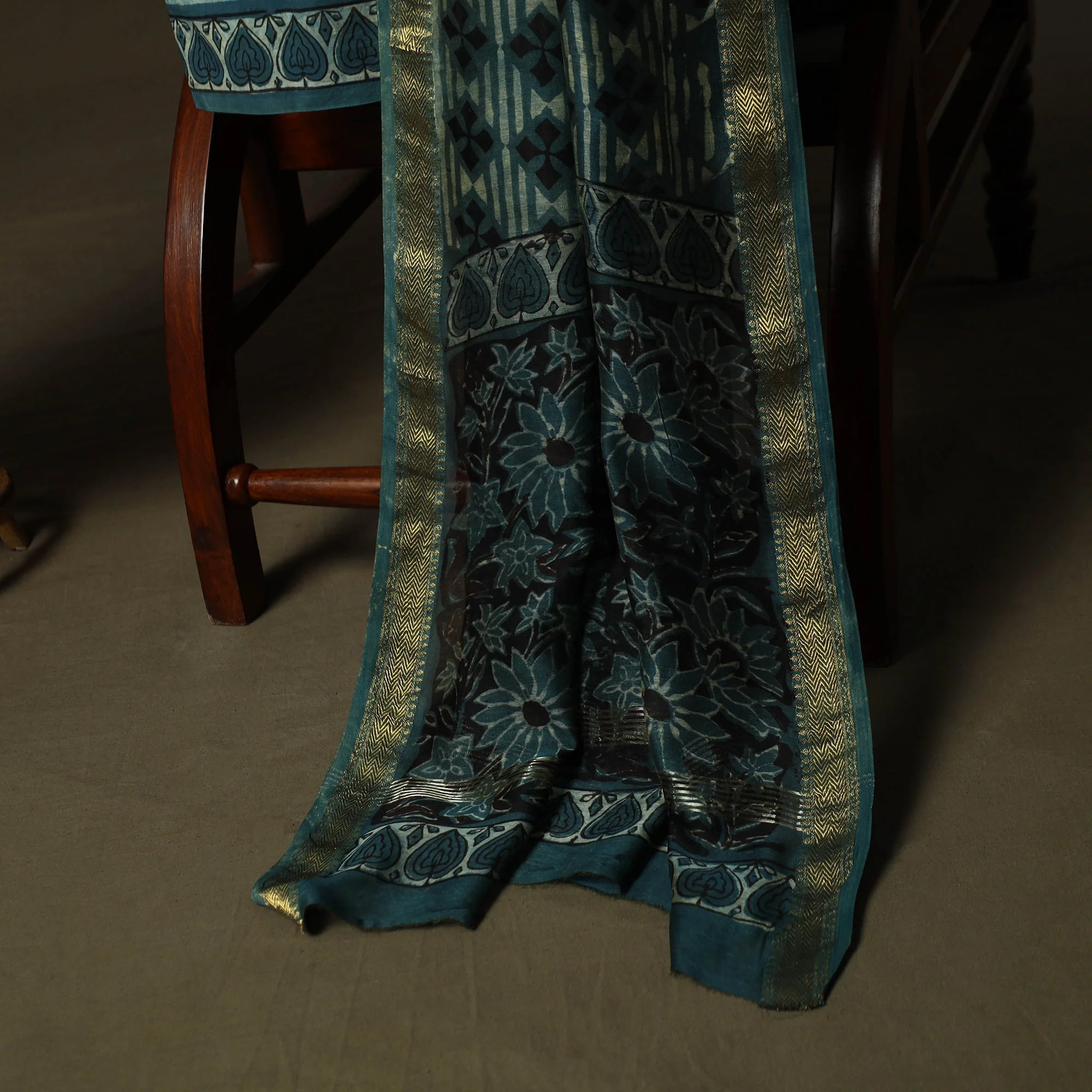 Blue - Natural Dyed Block Print Maheshwari Silk Vanaspati Bagru 3pc Unstitched Dress Material 22 - Image 4