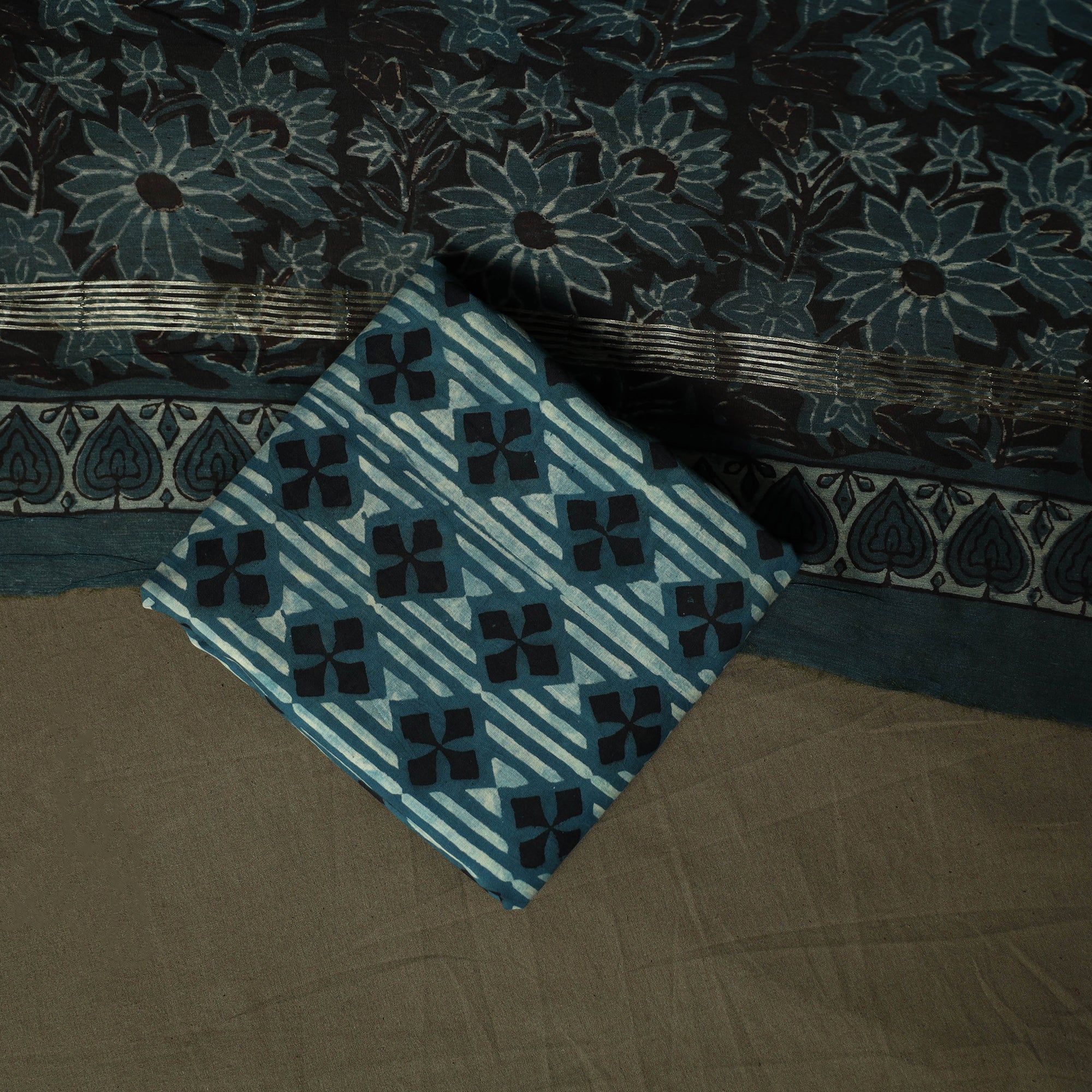 Blue - Natural Dyed Block Print Maheshwari Silk Vanaspati Bagru 3pc Unstitched Dress Material 22 - Image 5