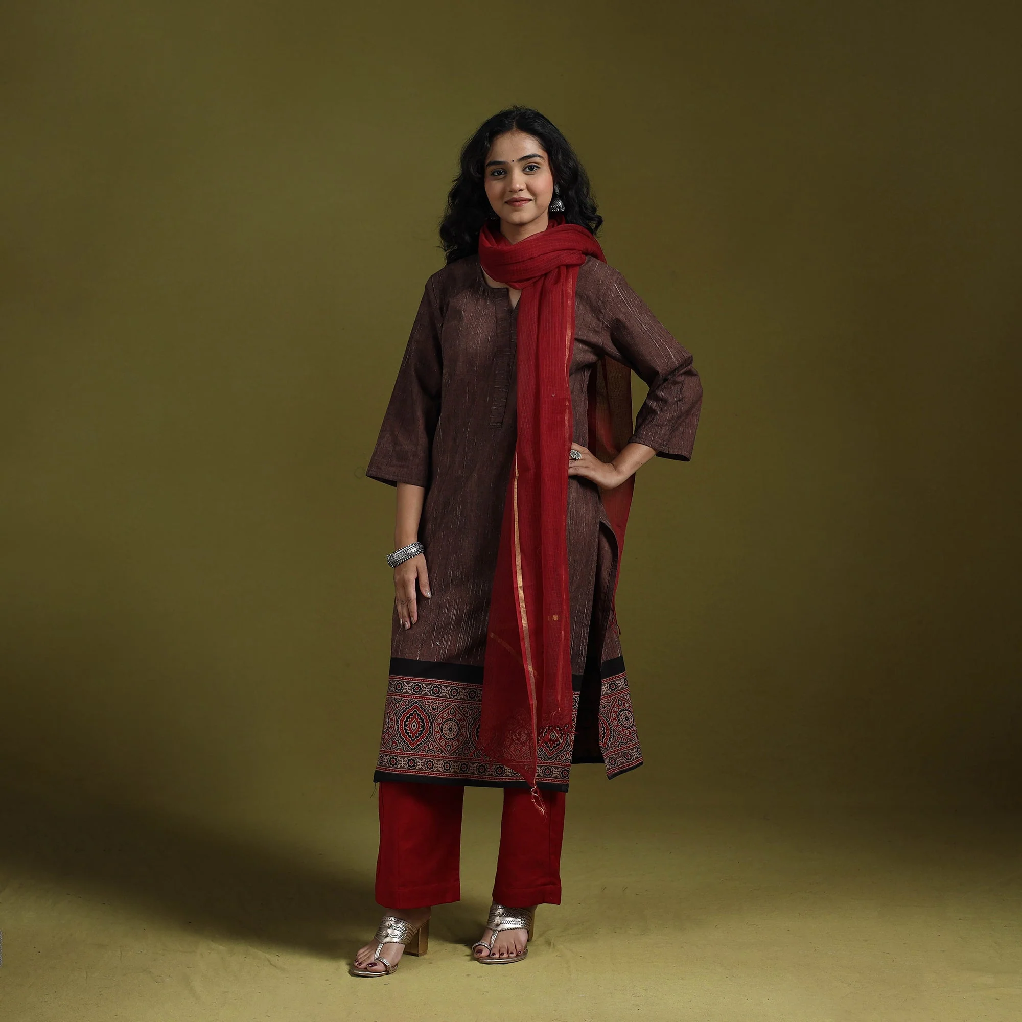 Brown - Natural Dyed Brush Design Ajrakh Print Cotton Suit Set with Dupatta for women 01 - Image 3