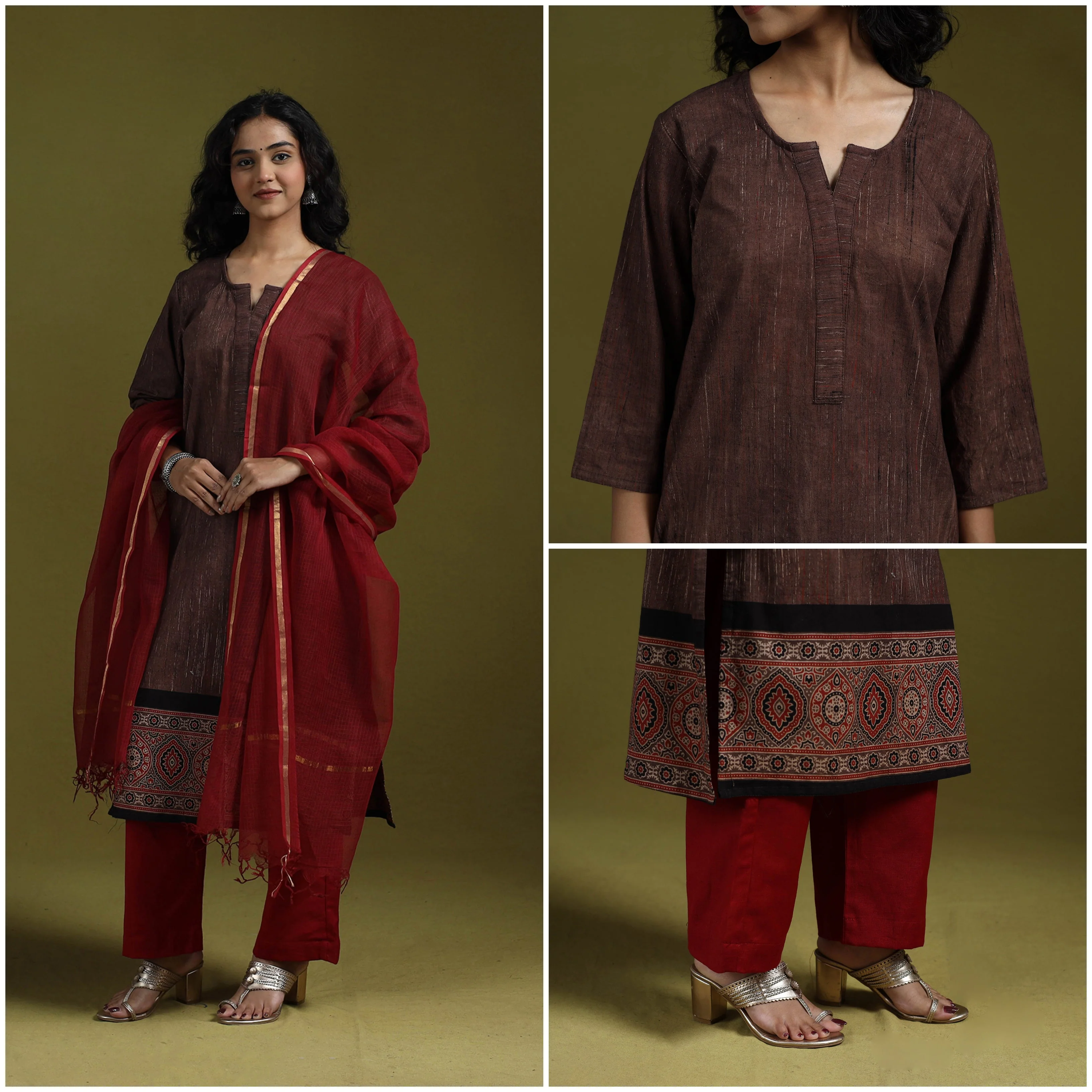 Brown - Natural Dyed Brush Design Ajrakh Print Cotton Suit Set with Dupatta for women 01 - Image 4