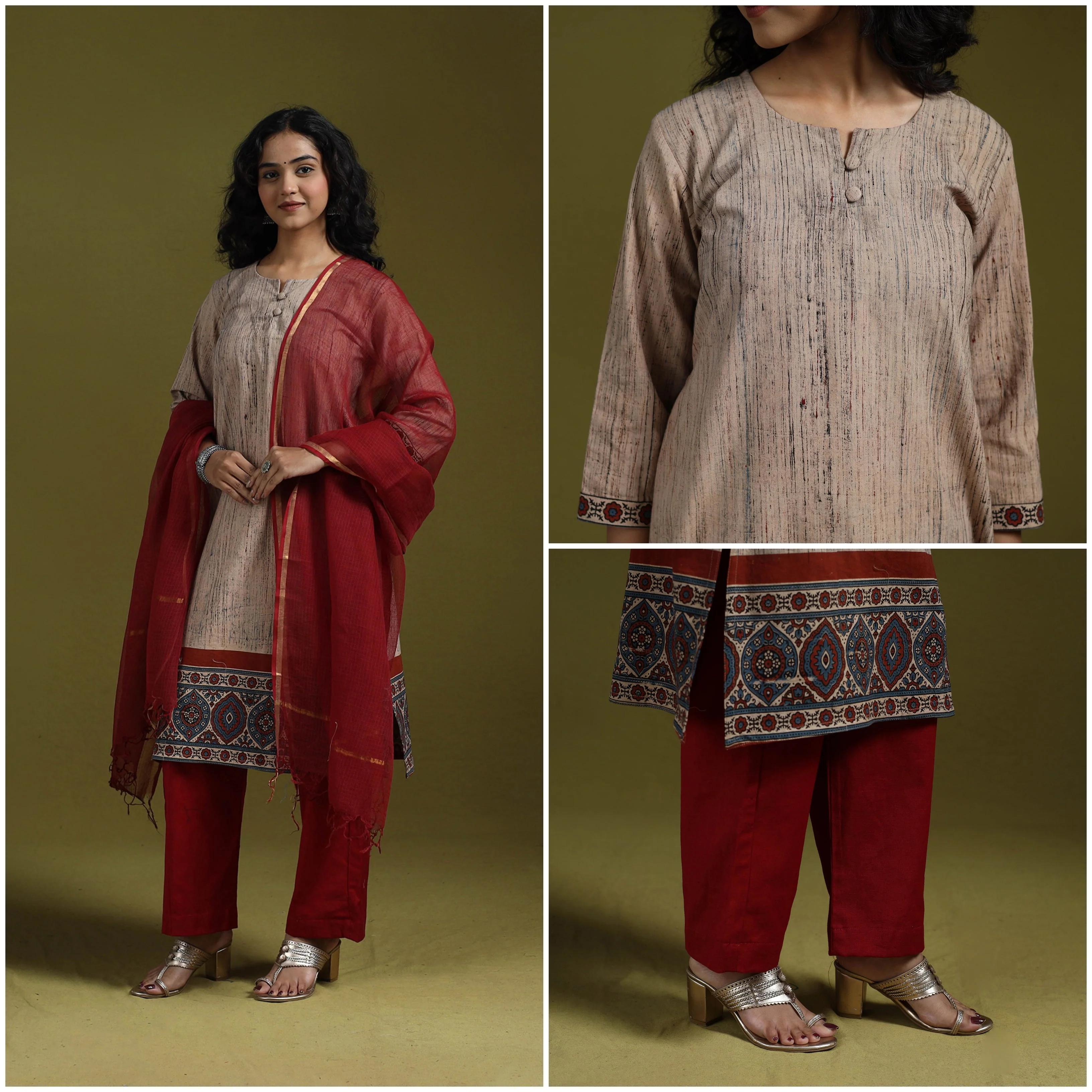 Beige - Natural Dyed Brush Design Ajrakh Print Cotton Suit Set with Dupatta for women 08 - Image 4