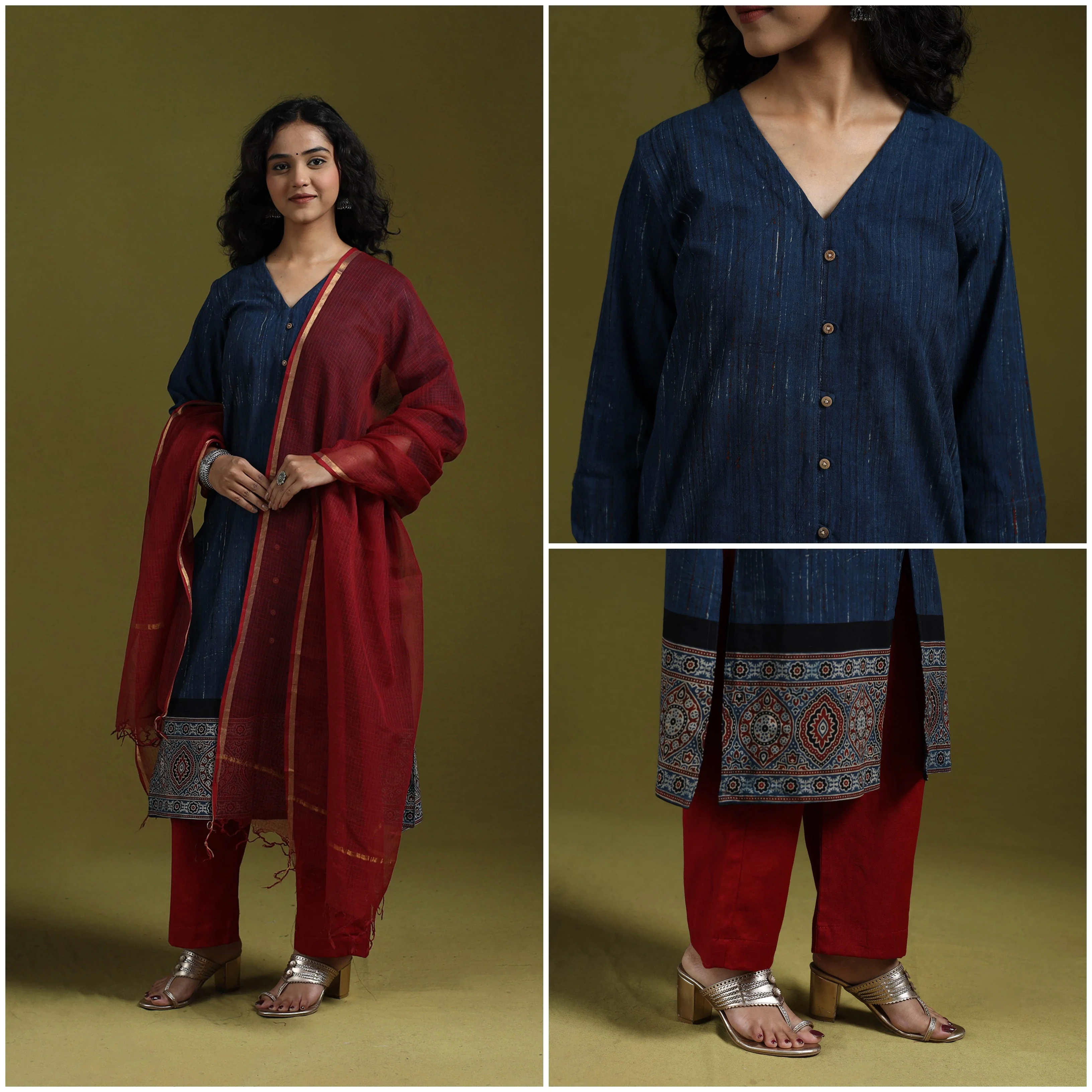 Blue - Natural Dyed Brush Design Ajrakh Print Cotton Suit Set with Dupatta for women 12 - Image 4
