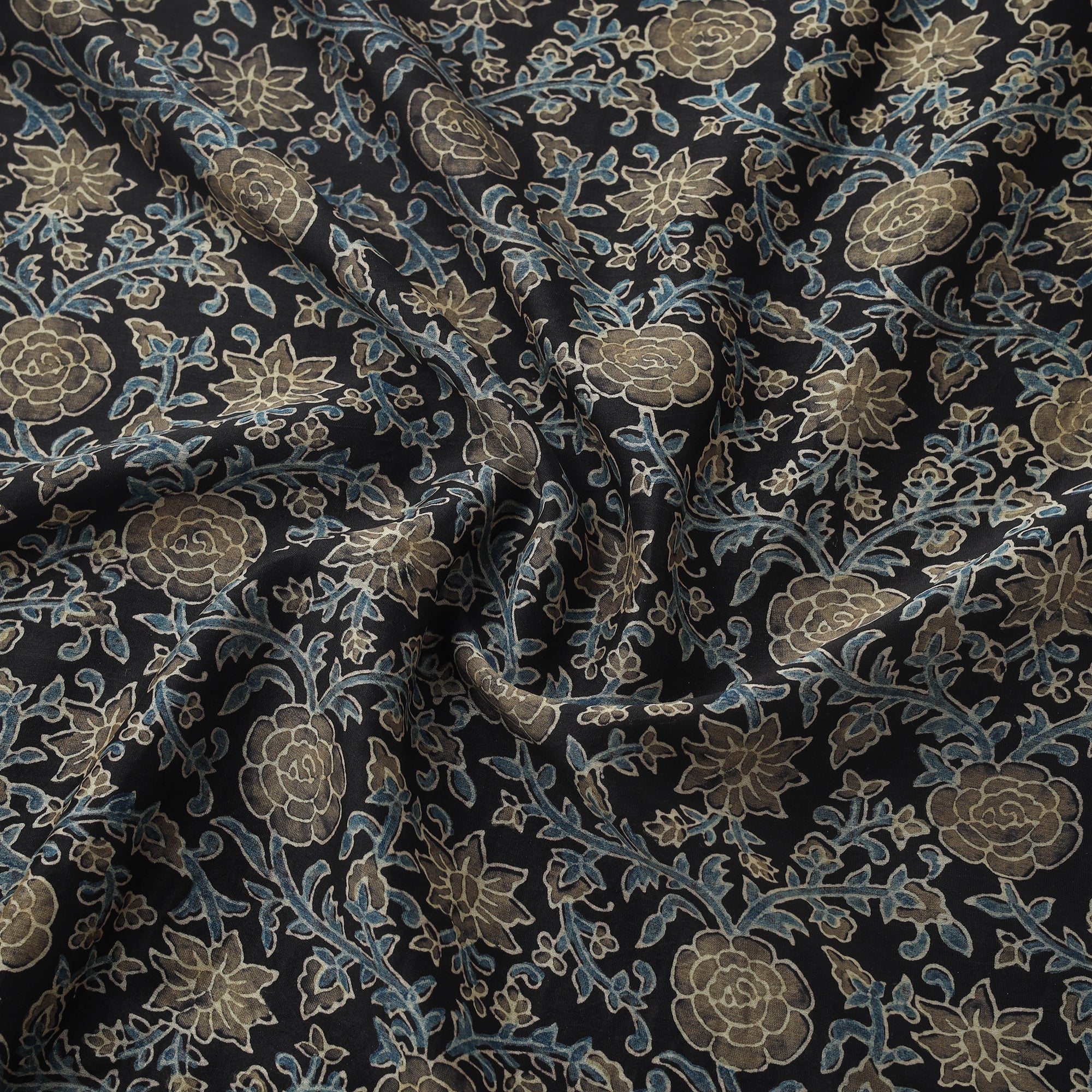 Black - Natural Dyed Chanderi Silk Kutch Hand Block Ajrakh Print Fabric 03 - Image 3