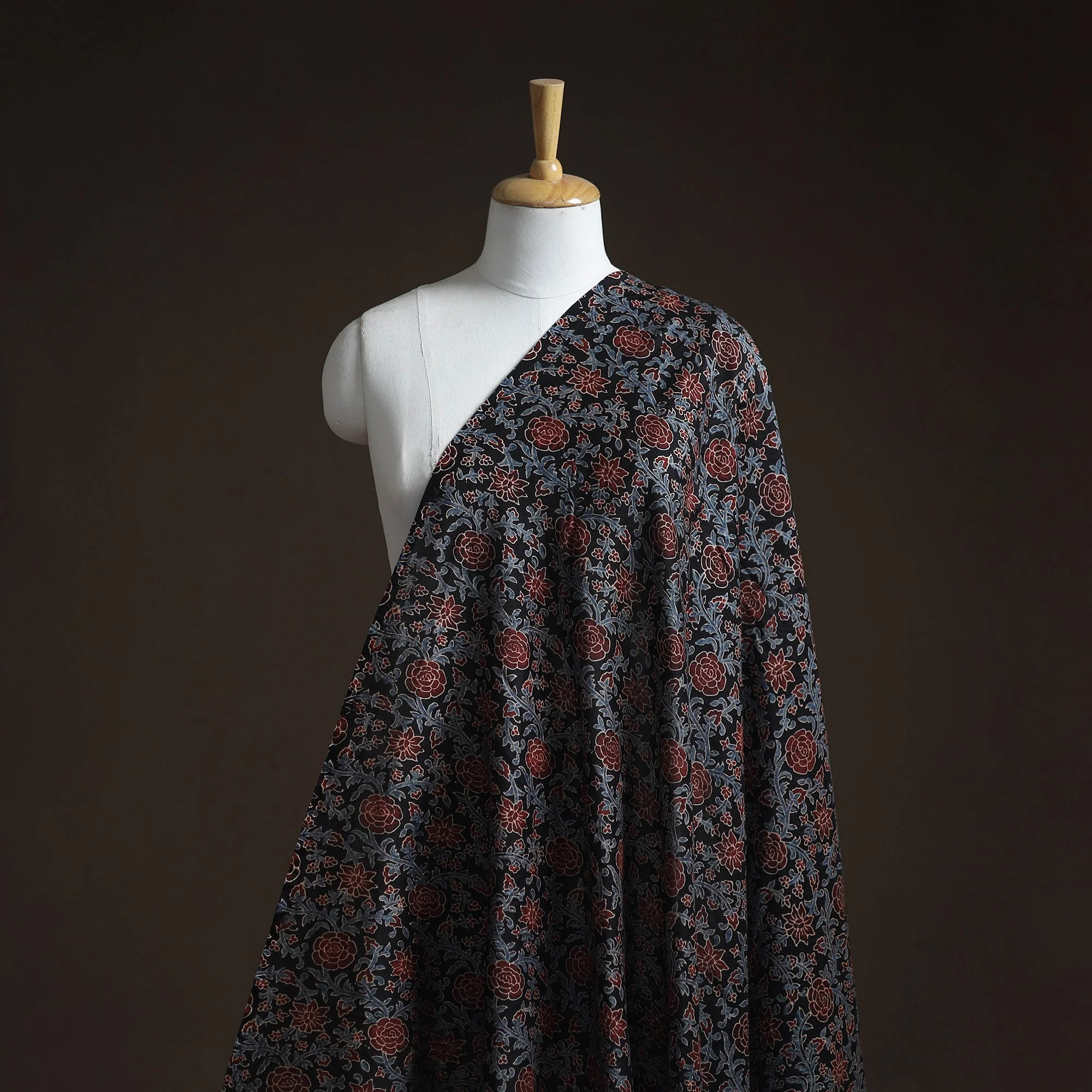 Black - Natural Dyed Chanderi Silk Kutch Hand Block Ajrakh Print Fabric 04