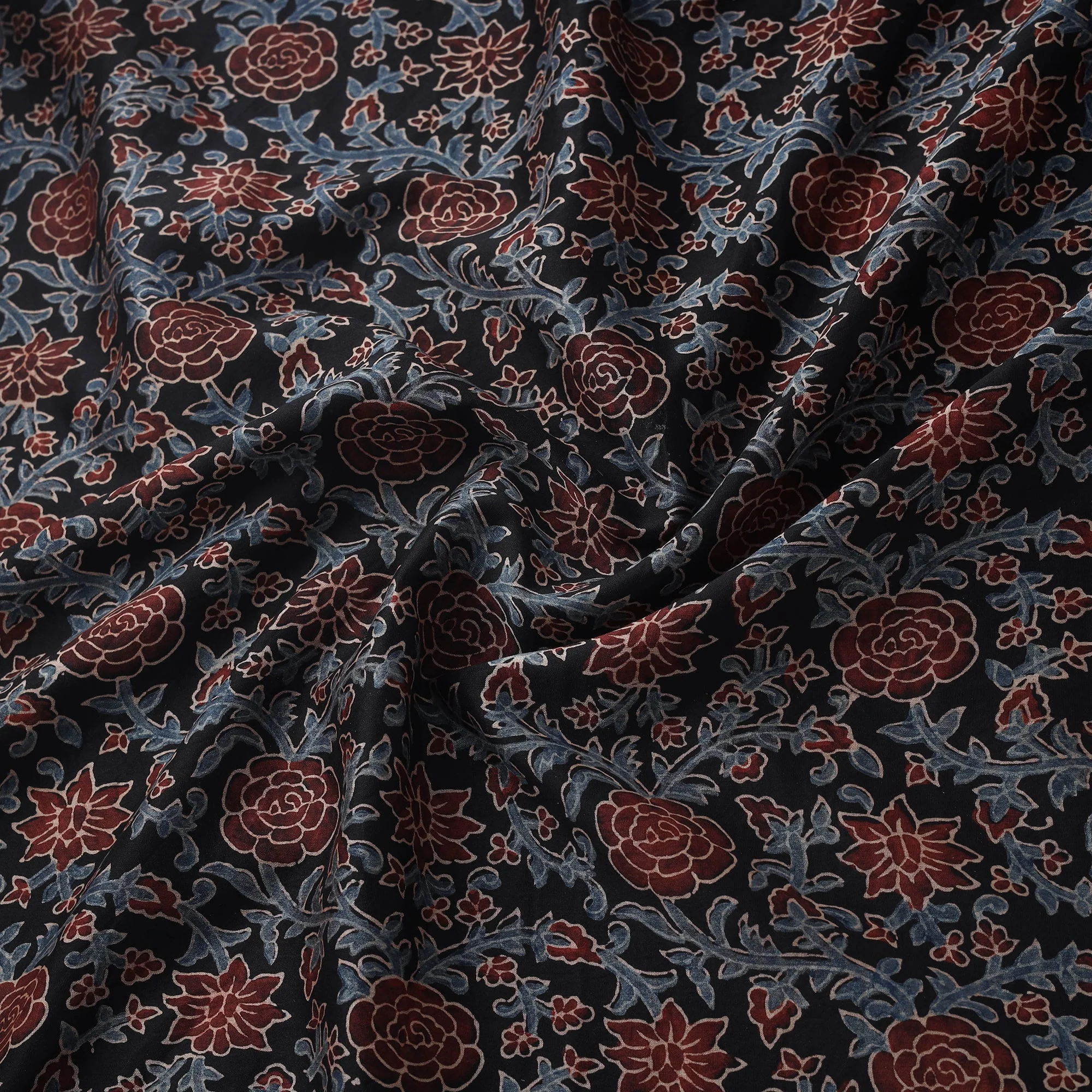 Black - Natural Dyed Chanderi Silk Kutch Hand Block Ajrakh Print Fabric 04 - Image 3