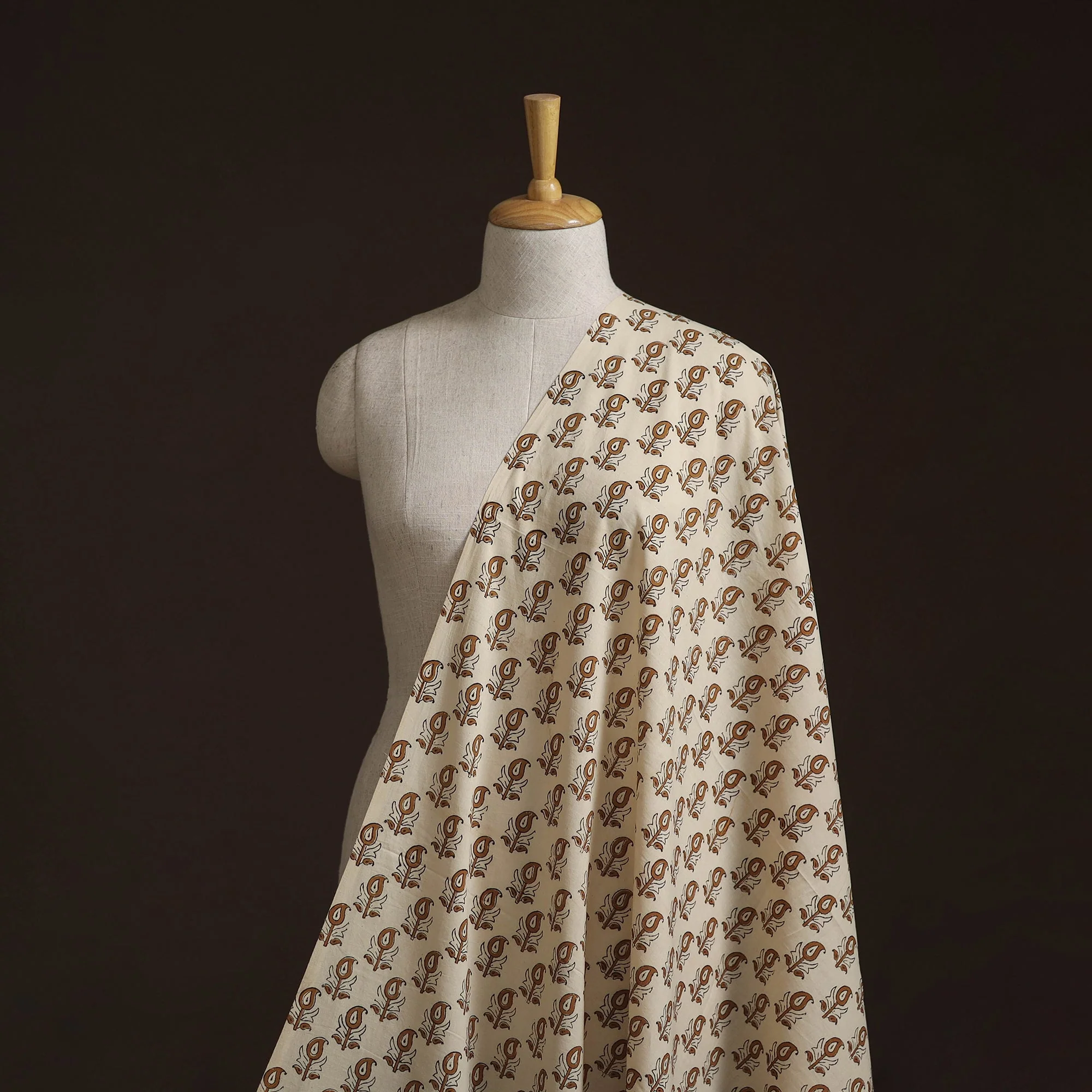 Beige - Natural Dyed Cotton Hand Block Bagru Print Fabric 04