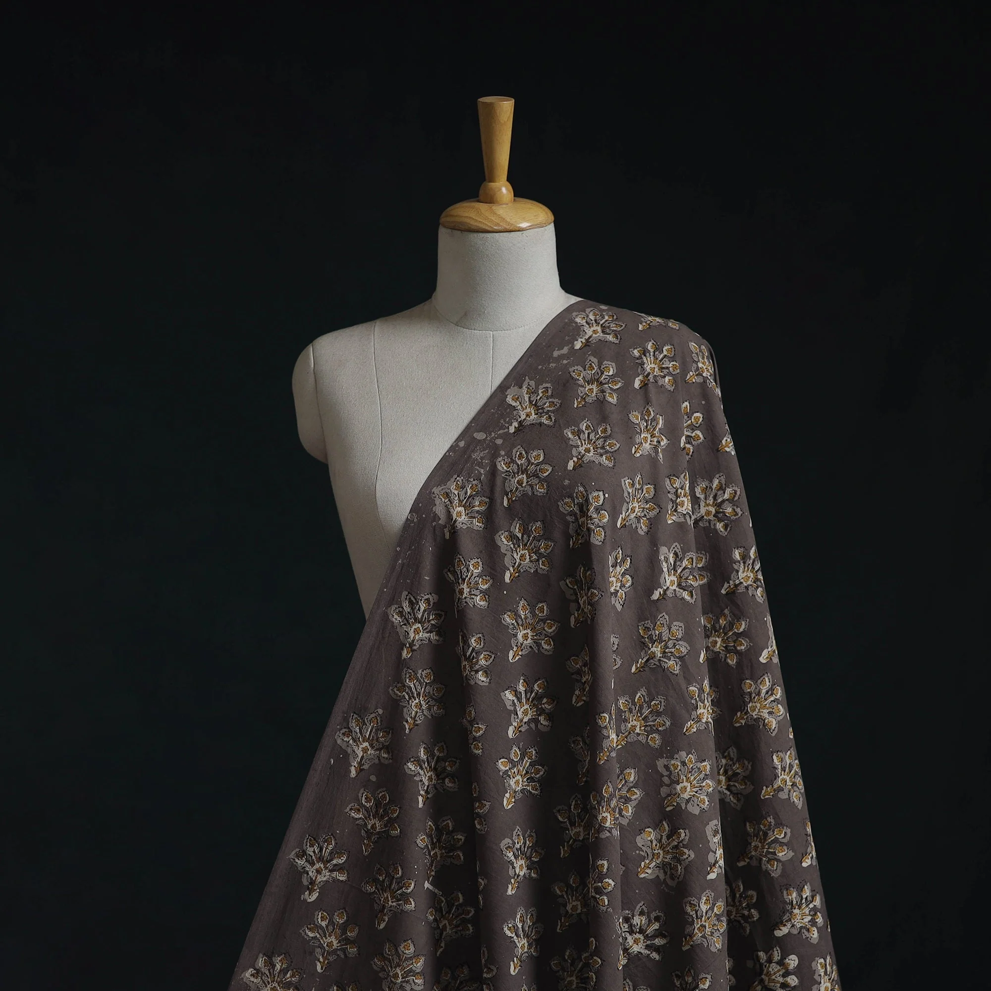 Brown - Natural Dyed Cotton Hand Block Dabu Bagru Print Fabric 06
