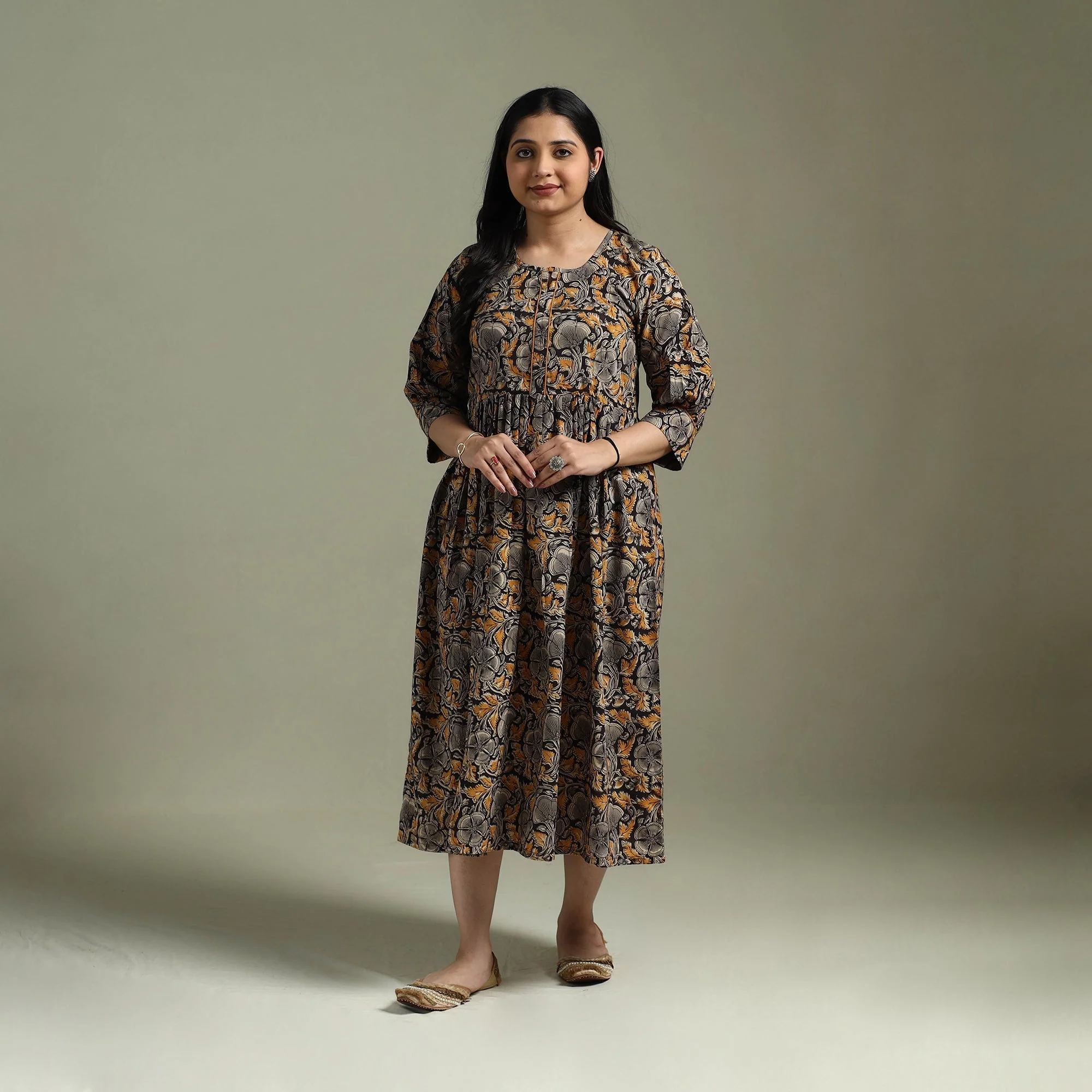 Black - Natural Dyed Cotton Hand Block Print Flared Kalamkari Dress 12