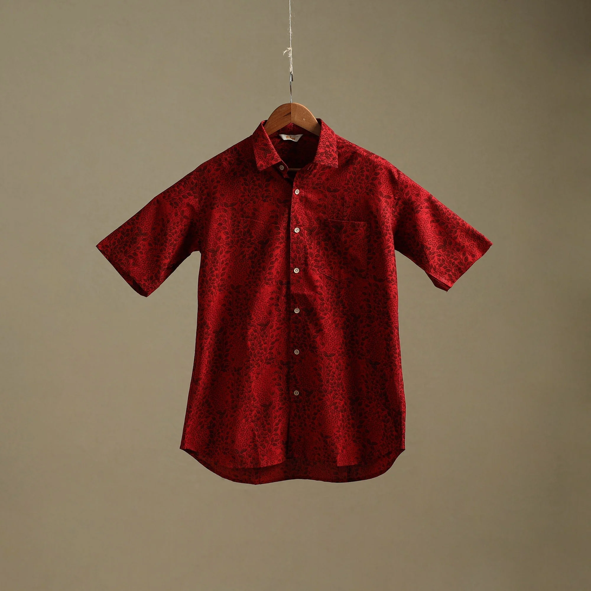 Red - Natural Dyed Cotton Men Half Sleeve Hand Block Bagh Print Shirt 02 - Image 3