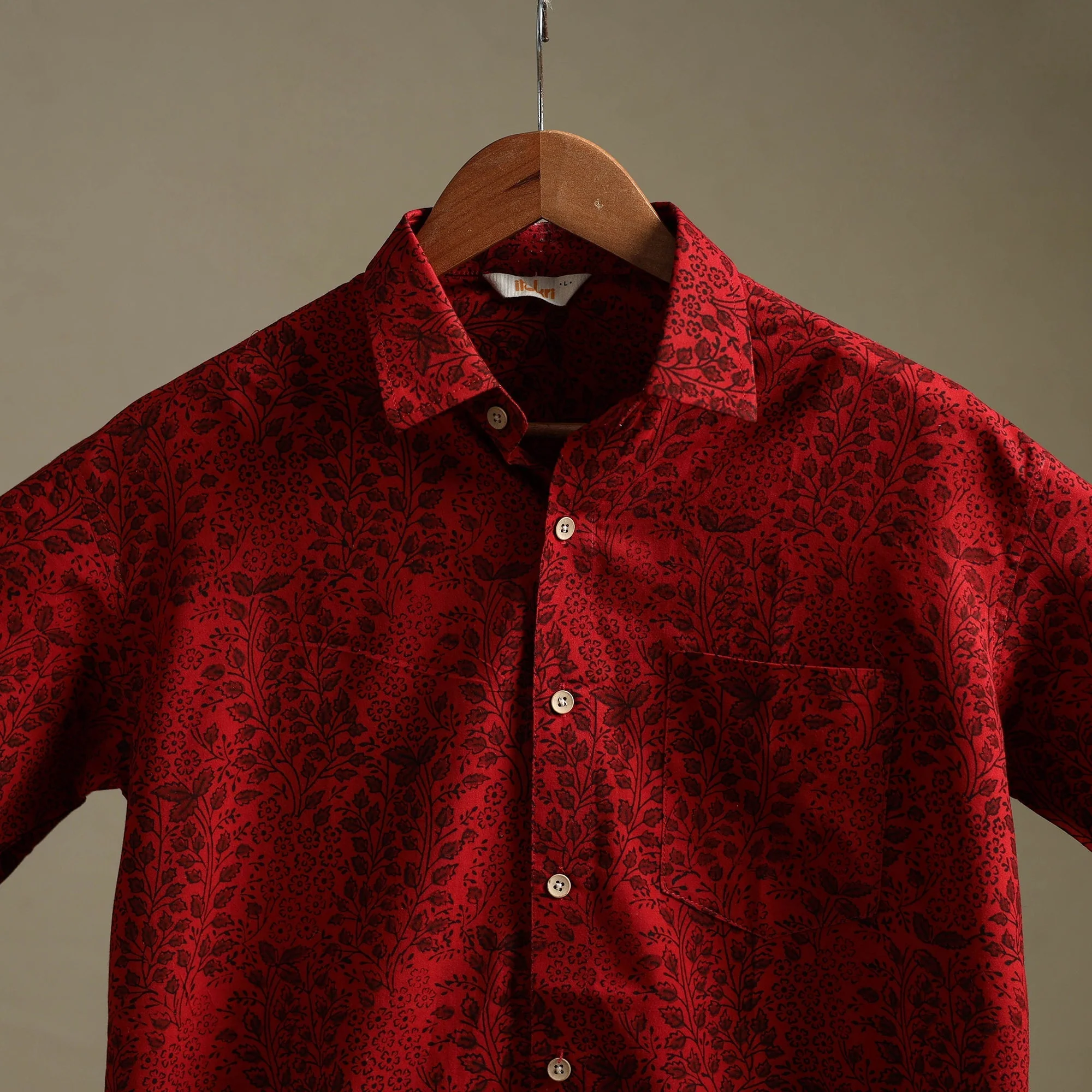 Red - Natural Dyed Cotton Men Half Sleeve Hand Block Bagh Print Shirt 02 - Image 4