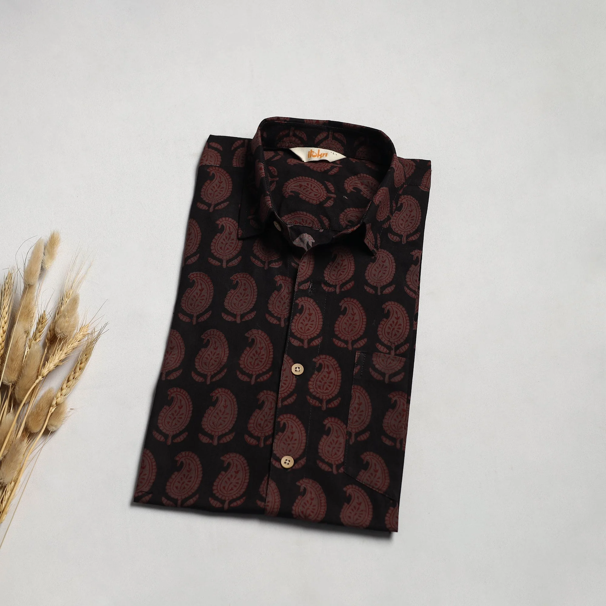 Black - Natural Dyed Cotton Men Half Sleeve Hand Block Bagh Print Shirt 06
