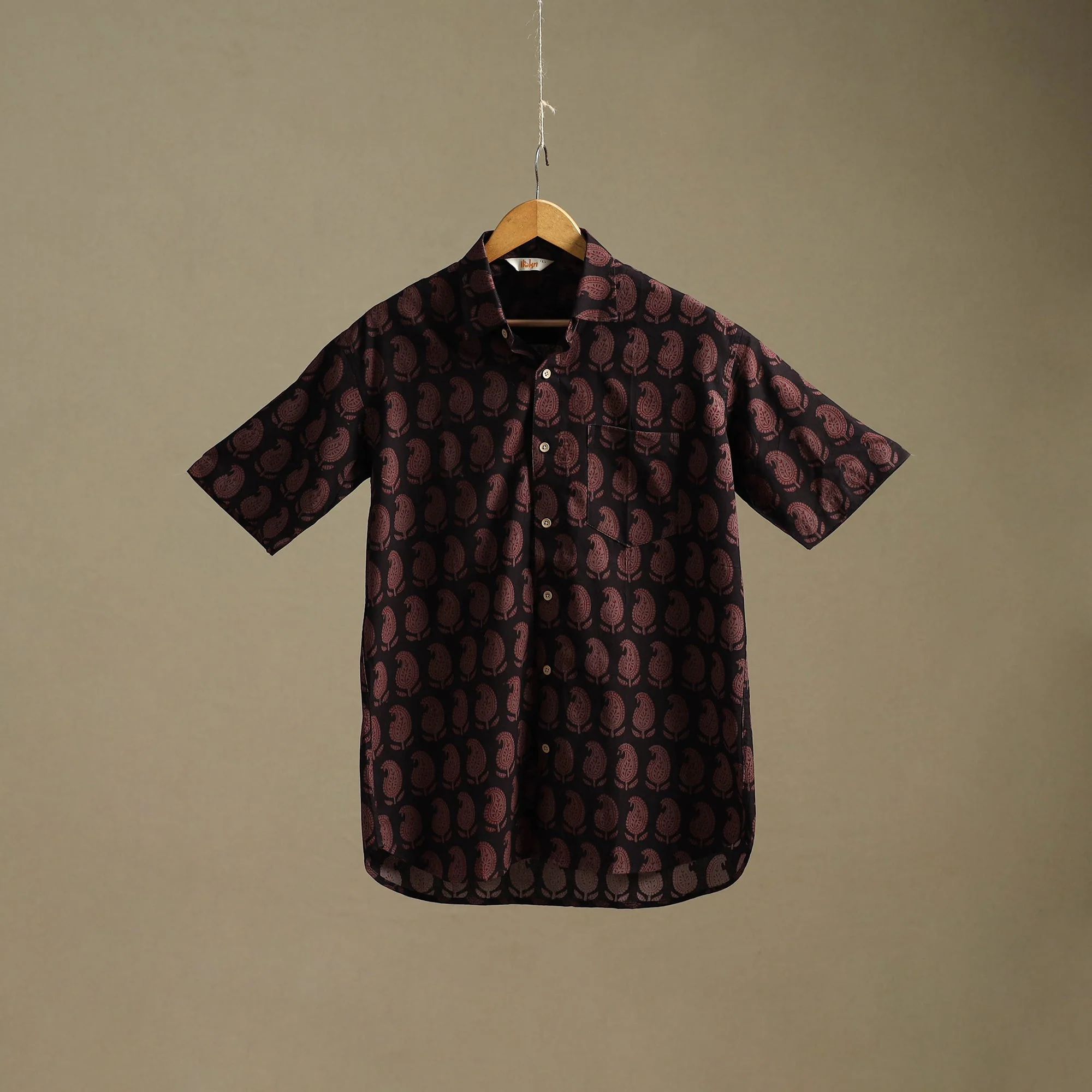 Black - Natural Dyed Cotton Men Half Sleeve Hand Block Bagh Print Shirt 06 - Image 2