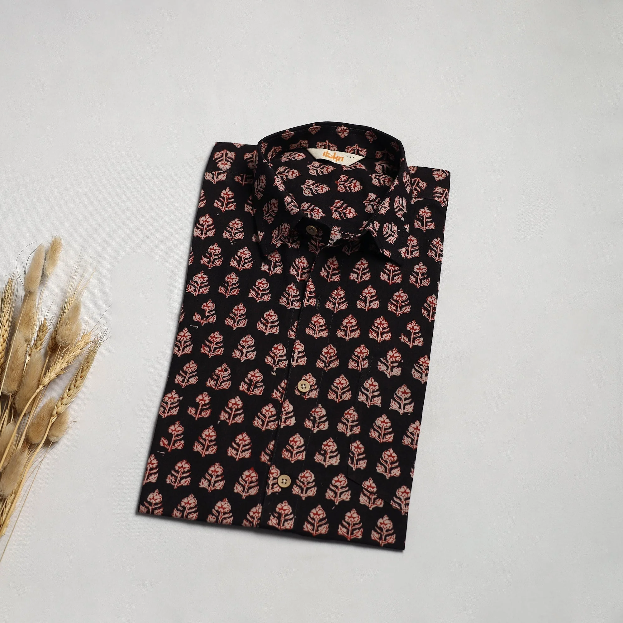 Black - Natural Dyed Cotton Men Half Sleeve Hand Block Bagh Print Shirt 15
