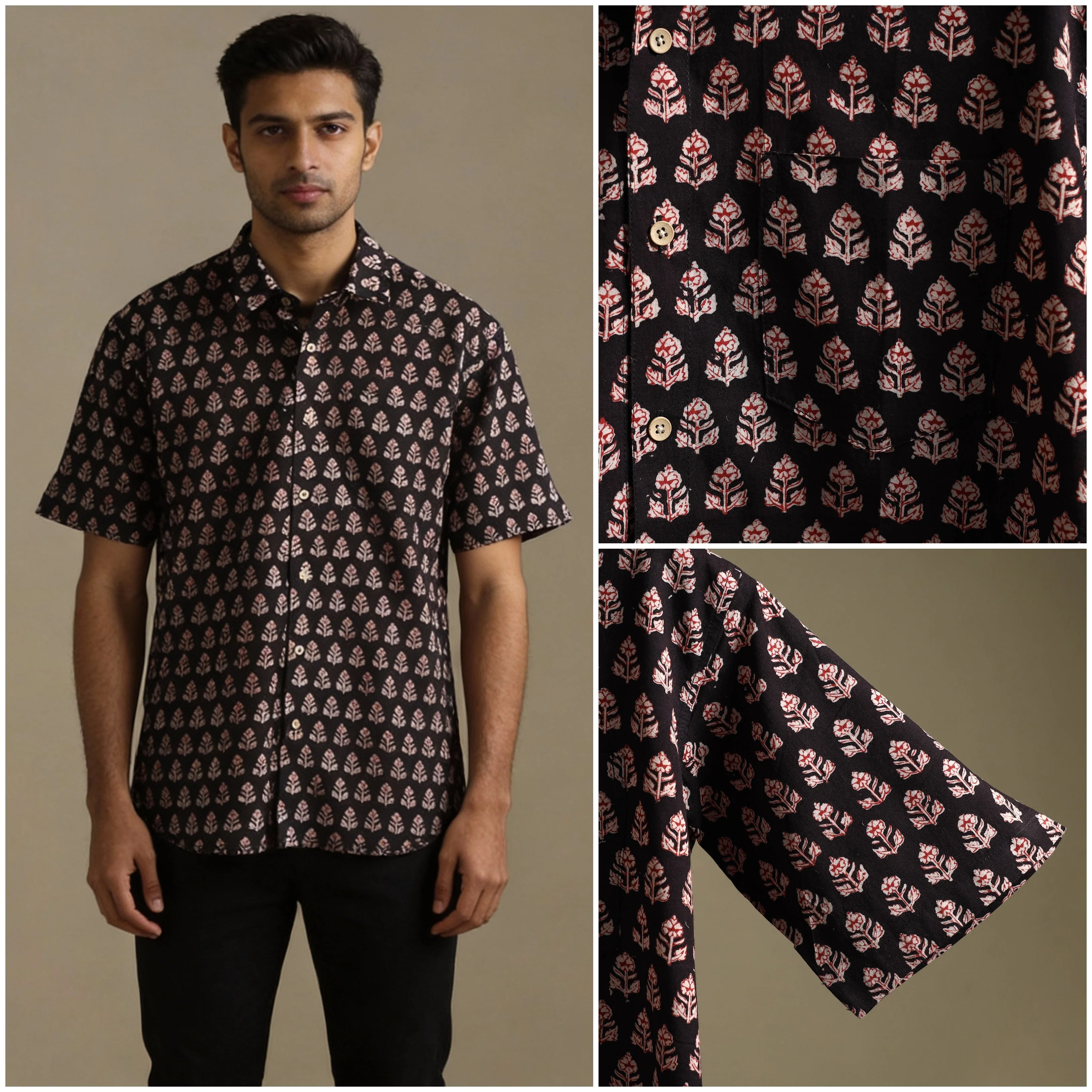 Black - Natural Dyed Cotton Men Half Sleeve Hand Block Bagh Print Shirt 15 - Image 2