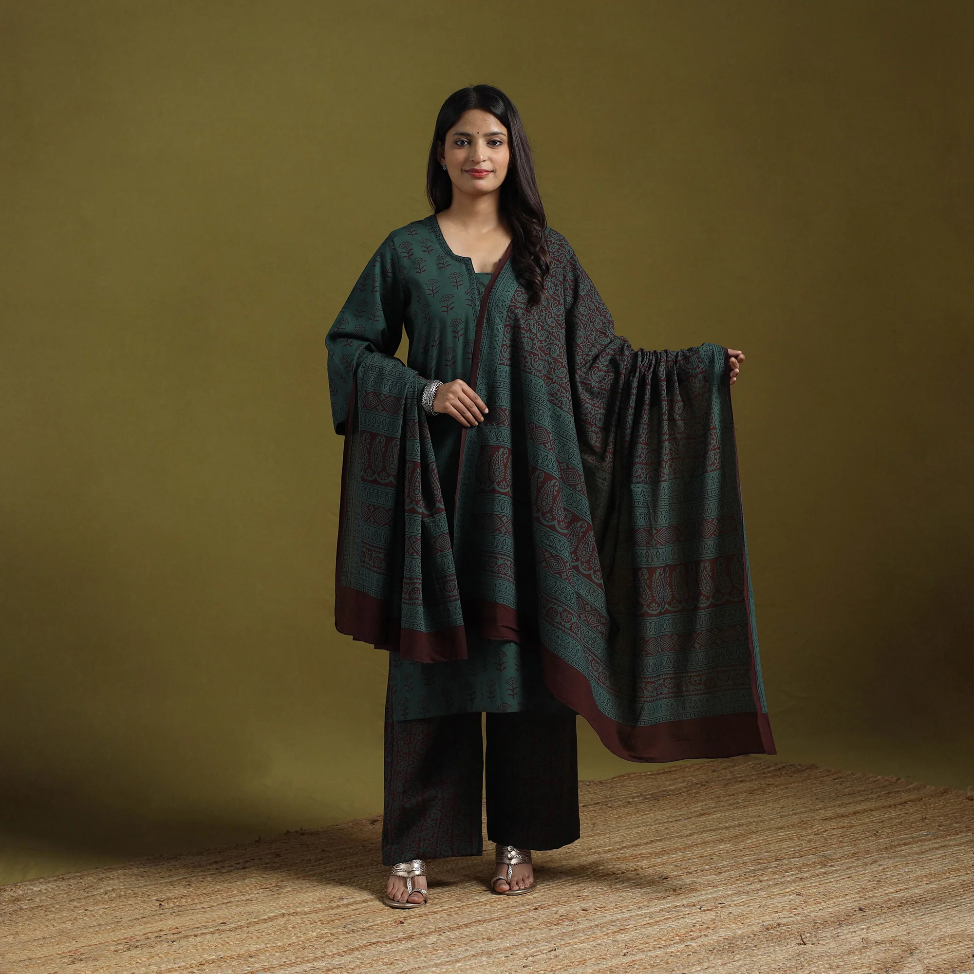 Green - Natural Dyed Hand Block Bagh Print Cotton Suit Set with Dupatta for Women 02