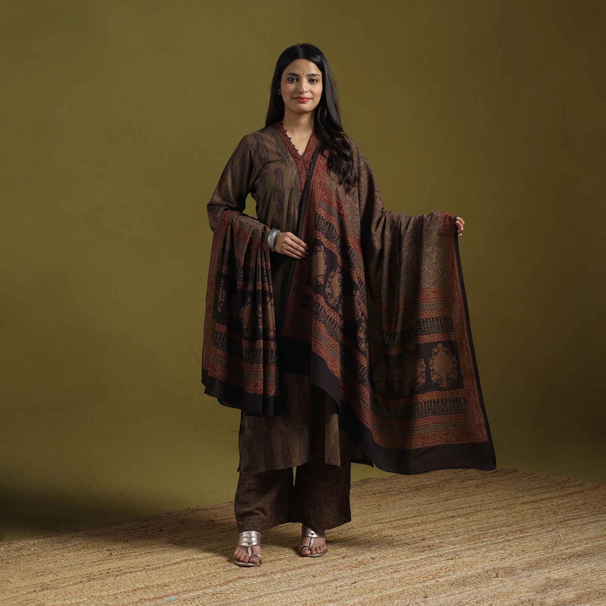 Brown - Natural Dyed Hand Block Bagh Print Cotton Suit Set with Dupatta for Women 08